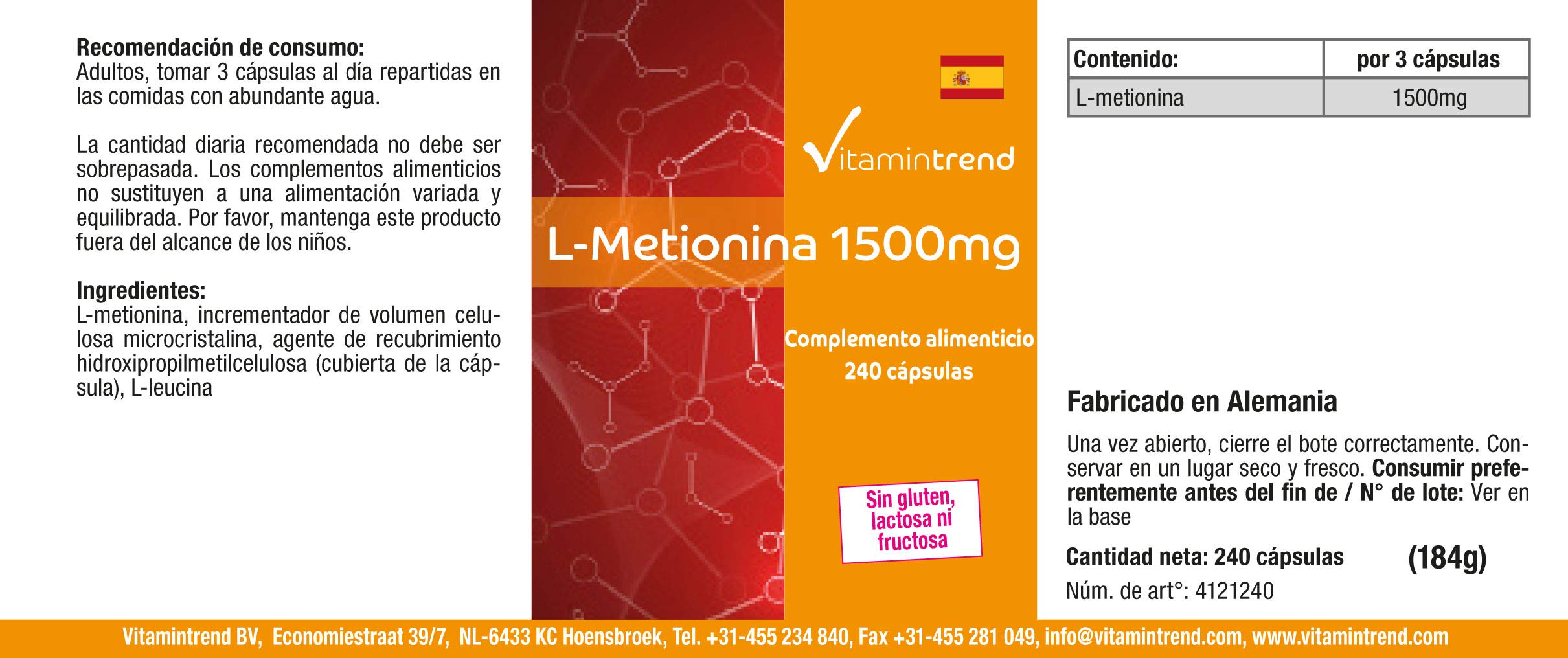 Vitamintrend L-Metionina 1500 mg per dose giornaliera, 240 capsule, ad alto dosaggio, integratore alimentare vegano senza magnesio stearato, prodotto in Germania