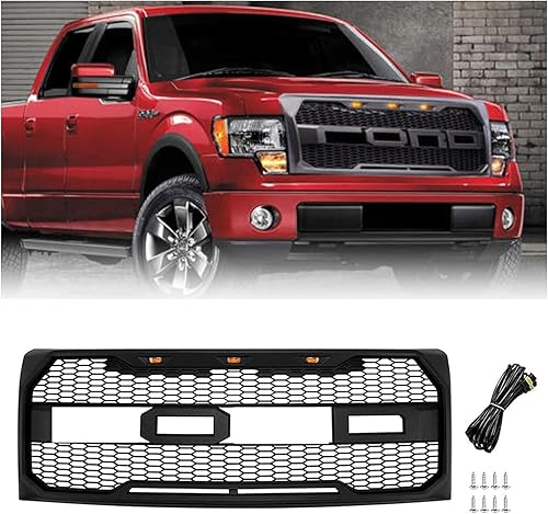 Rejilla de repuesto para parachoques delantero compatible con F150 2009 2010 2011 2012 2013 2014 F150, parrilla delantera con luces LED (negro mate)