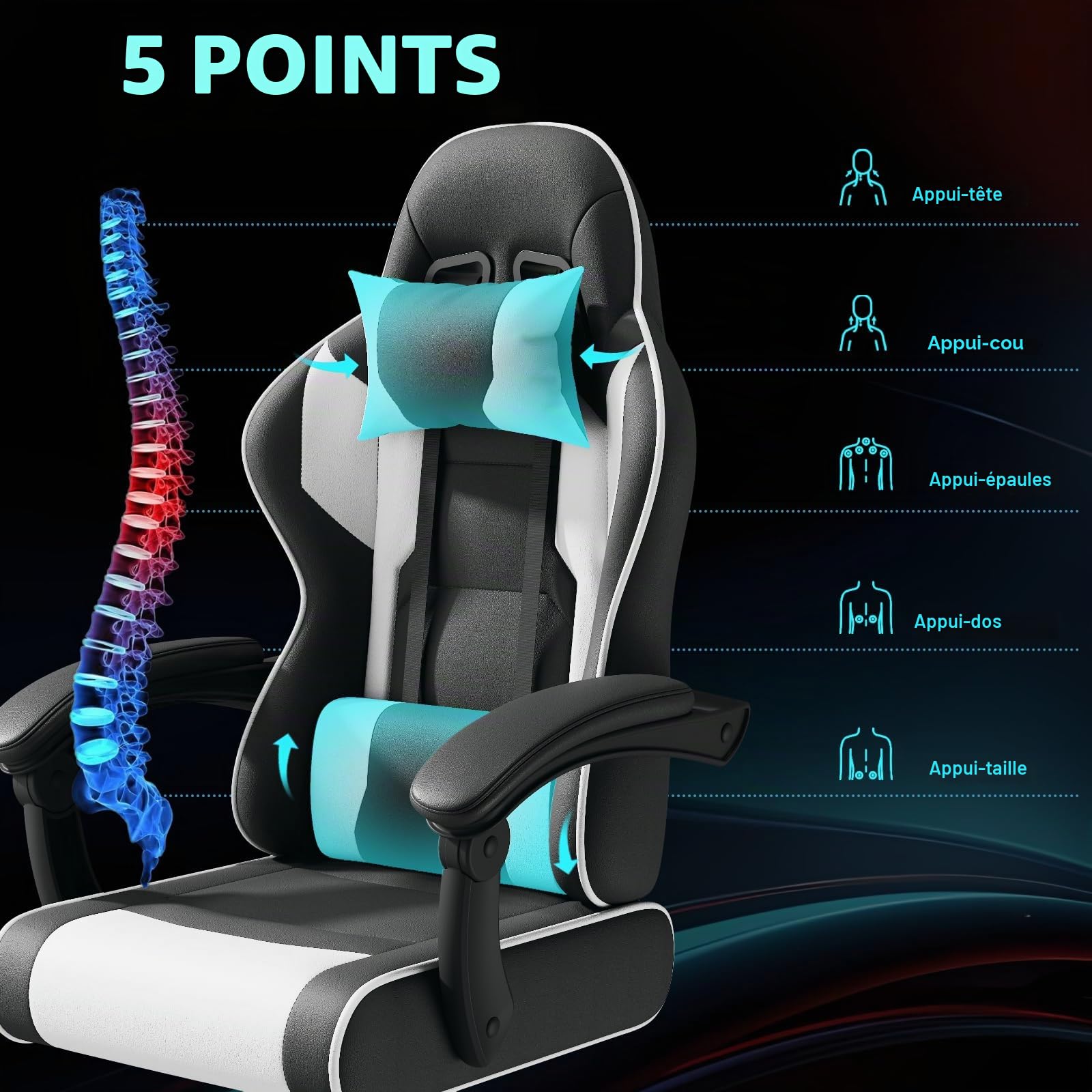 JUMMICO Jetstream Fauteuil De Bureau, Chaise Gaming Ergonomique avec Repose-Pieds, Chaise De Jeu avec Fonction De Massage, Chaise De Bureau À Élévation Pneumatique, 150 Kg, Blanc