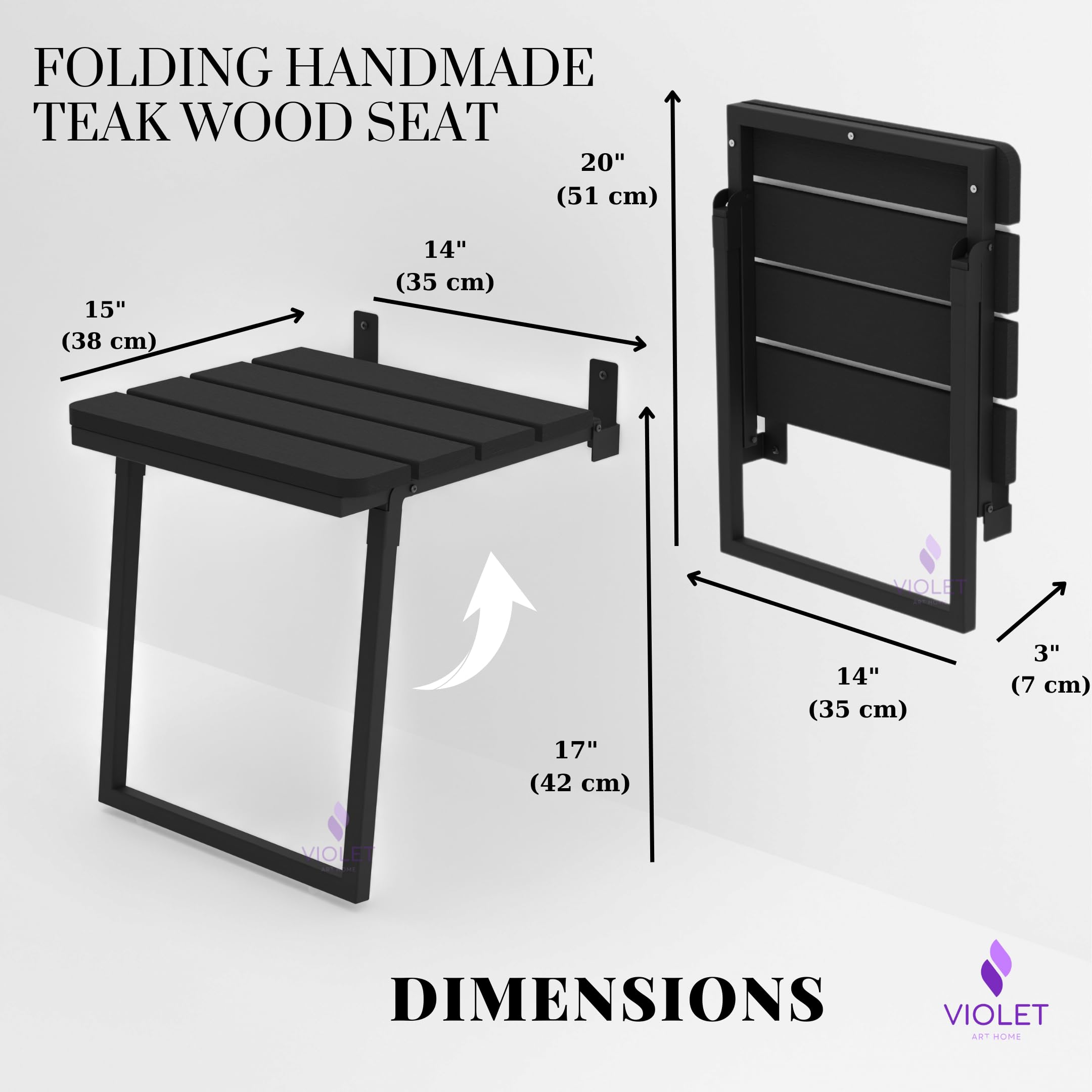 Asiento de ducha plegable de madera de teca con patas, banco de baño duradero compatible con ADA, taburete de baño resistente que ahorra espacio, silla compacta hecha a mano fácil de plegar (negro