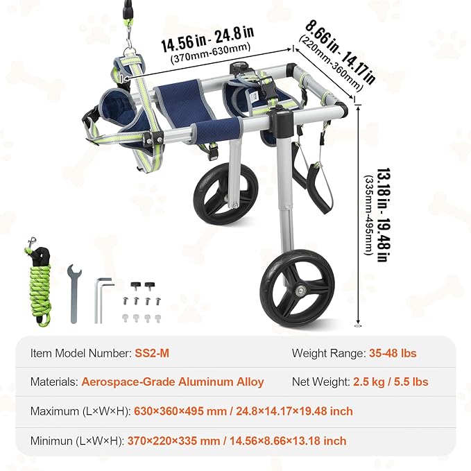 VEVOR Fauteuil Roulant à 2 Roues pour Pattes arrière, Fauteuil Roulant léger et réglable pour Aider à la guérison, Chariot pour Chien blessé, handicapé, paralysie, Membre postérieur Faible