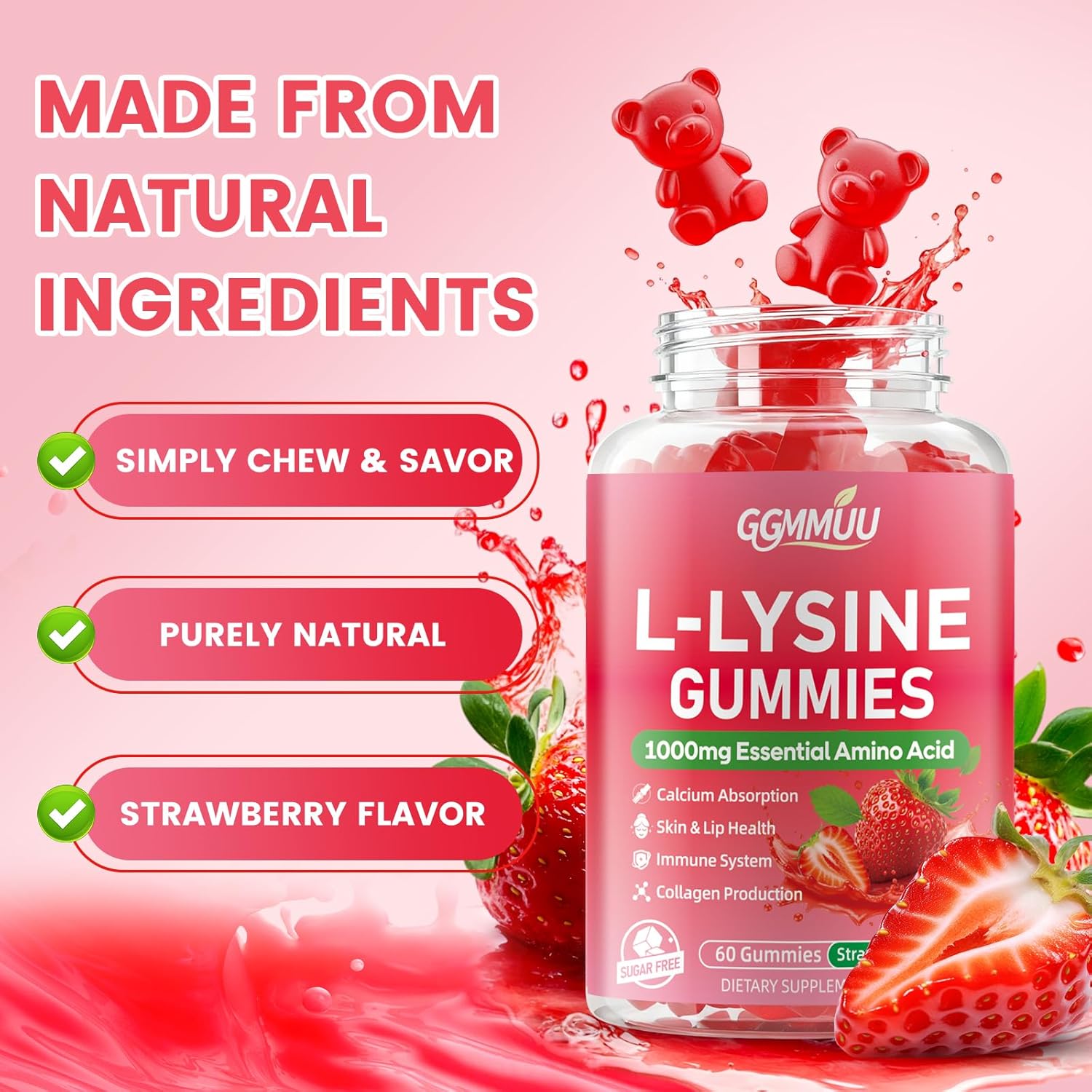 2 Pack L-Lysine Gummies 1000mg L-Lysine Supplement for Adults & Kids, Essential Amino Acid Supplement for Lips & Oral Health, Immune Support, Strawberry Flavor, 120 Count