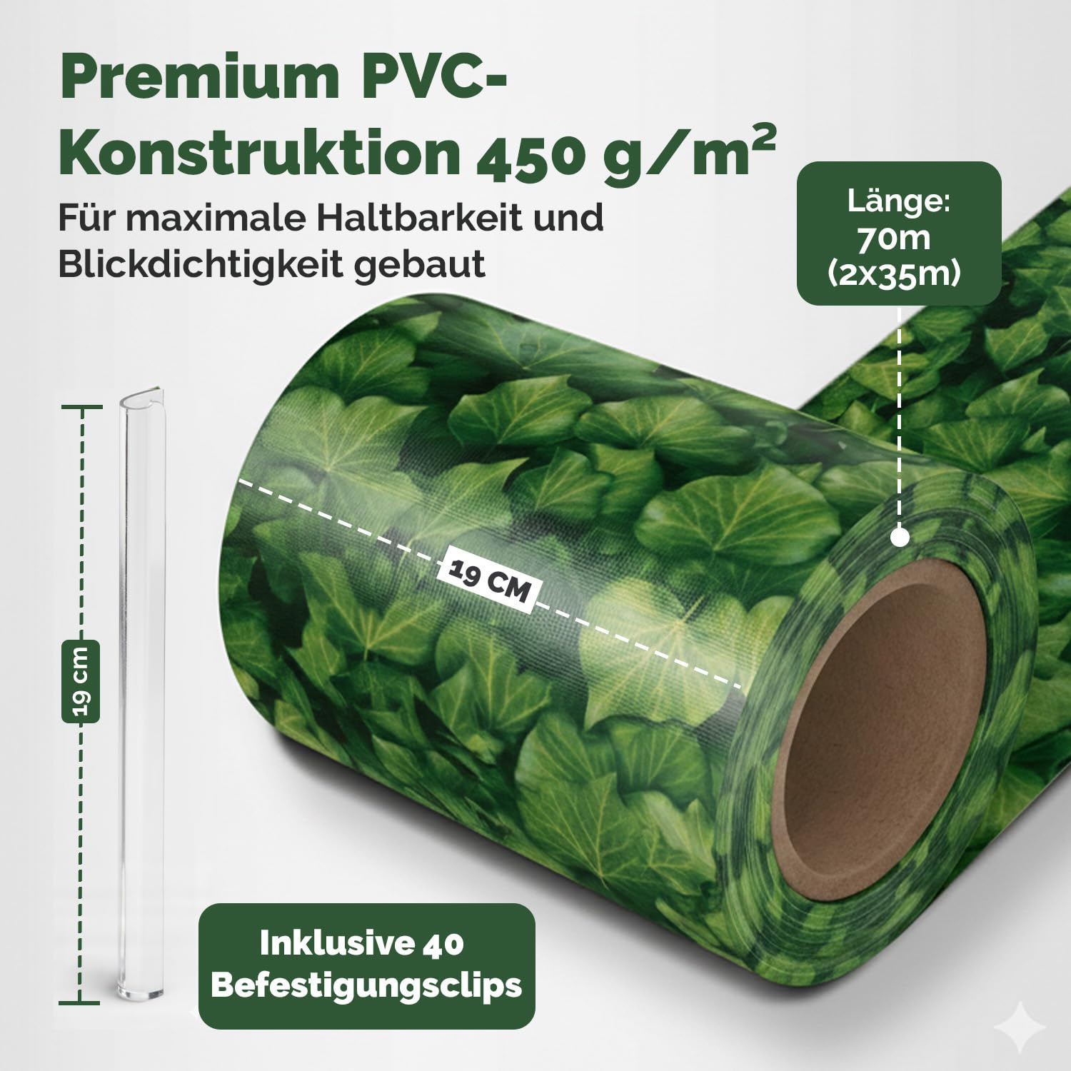 Electronicx PVC Sichtschutzstreifen für Gartenzaun - Efeu, 70m (2 x 35m) x 19cm, Hochwertige 450g/m² UV-beständige Sichtschutzmatten, Außenbereich Sichtschutz mit 40 Clips