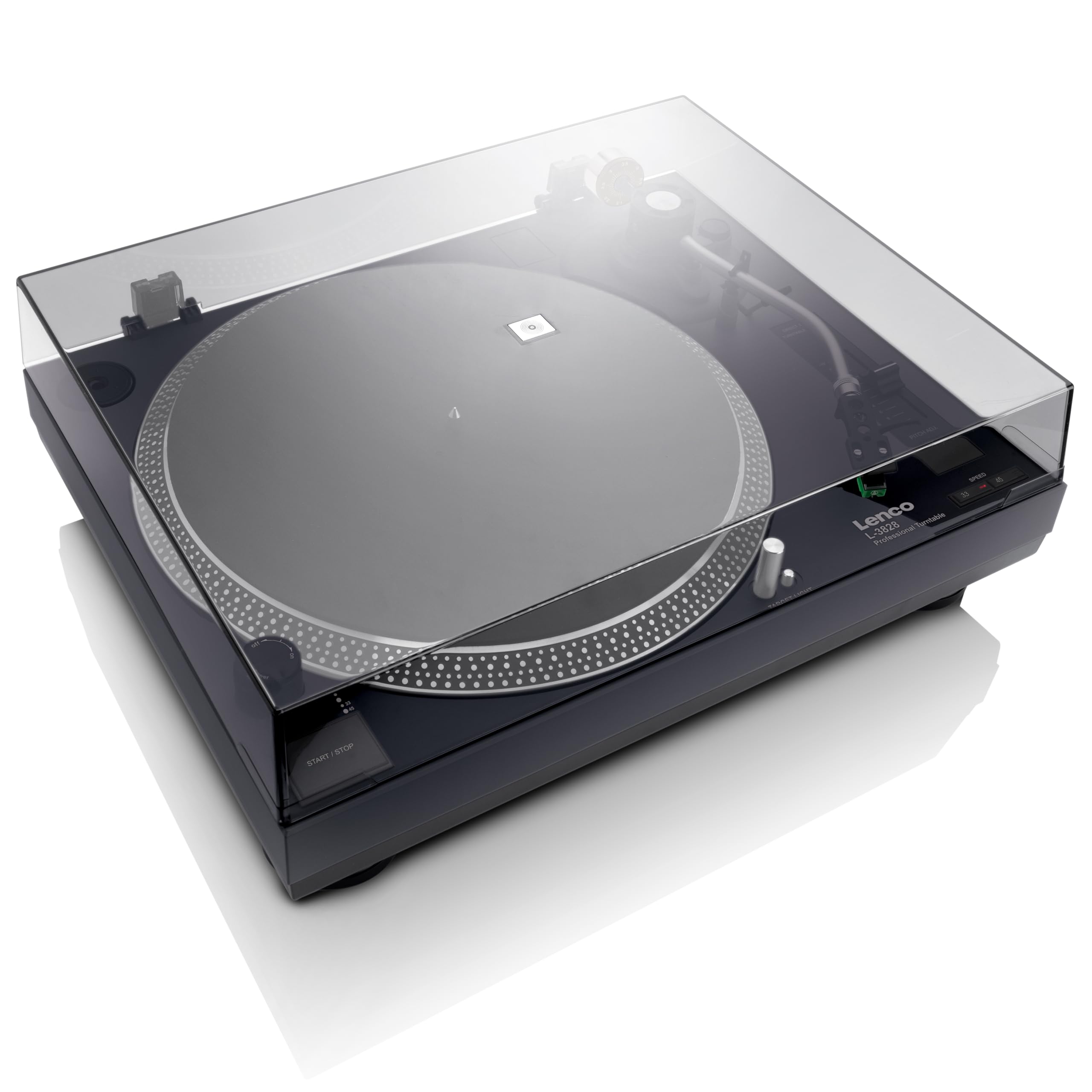 Lenco L-3828 - Giradischi con azionamento diretto, giradischi DJ, registrazione USB, controllo Pitch Control, preamplificatore, 33 e 45 giri/min, nero