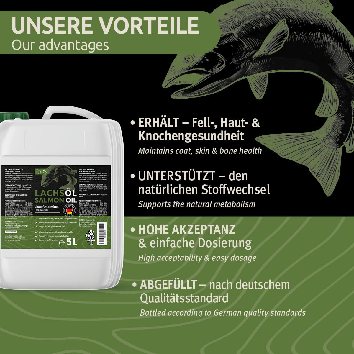 GreenPet Aceite de Salmón para Perros y Caballos 5 litros - Aceite Omega 3 - Aceite de Pescado para un Brillo Natural y Cuidado del Pelaje - Ayuda con la Piel Seca