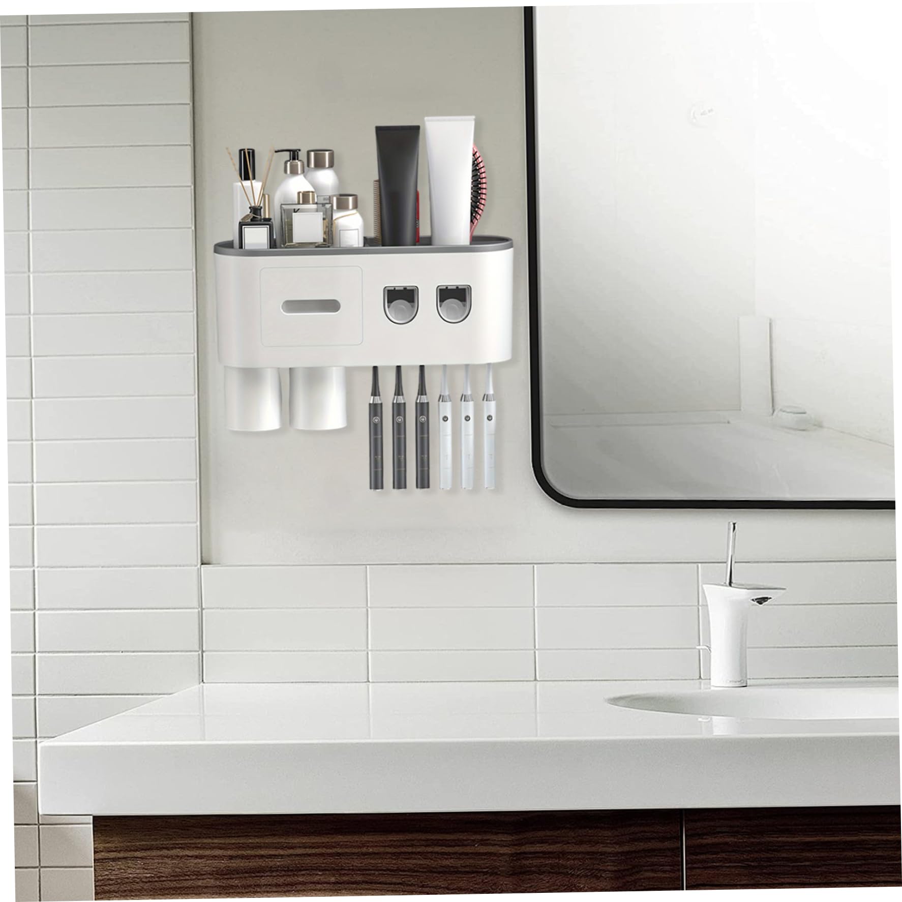 Soporte de pared para cepillo de dientes, dispensador automático de pasta de dientes con 2 tazas magnéticas, 6 ranuras para cepillos, bandeja de almacenamiento y cajón para baño, color gris