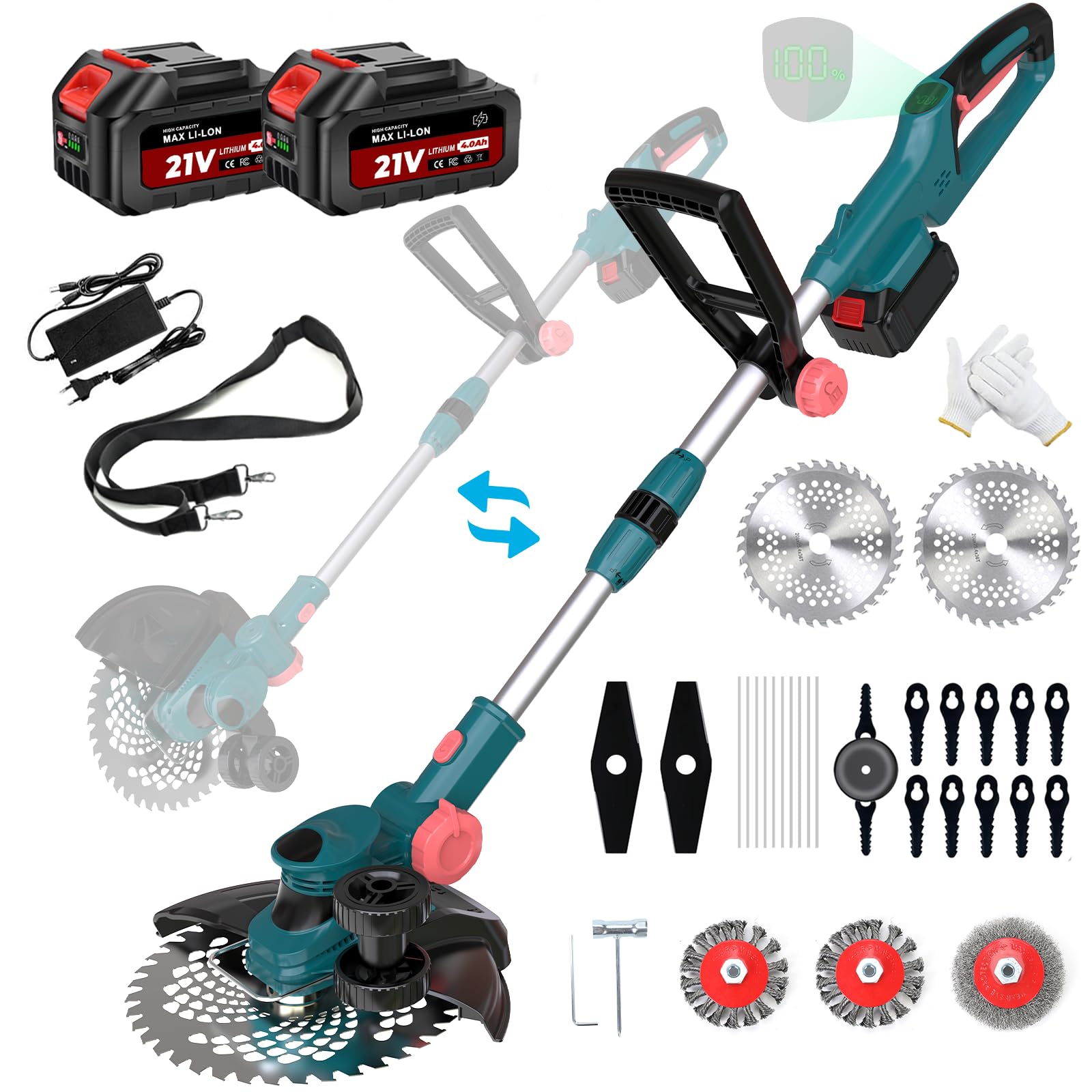 Akku Rasentrimmer mit Akku und Ladegerät, 21V Rasentrimmer für Makita Akku, Freischneider Akku - Inkl. 2 X 4.0Ah Batterie, Rasentrimmer mit Unkrautbürste, 90° Schwenkbarer Kopf, für Garten (Blau)