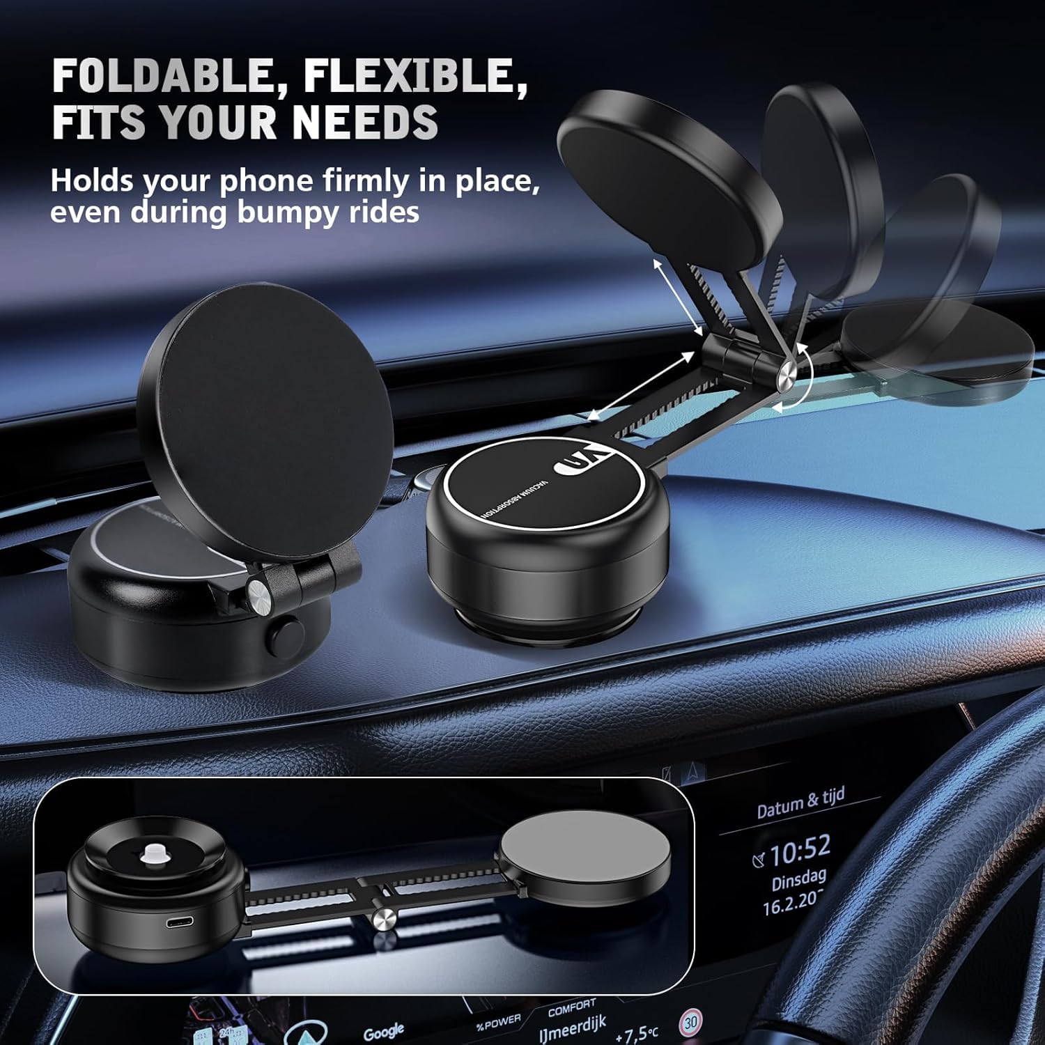 Support de téléphone magnétique à ventouse électrique, support de téléphone à ventouse réglable pour voiture, support de téléphone magnétique double face pliable, support de téléphone magnétique