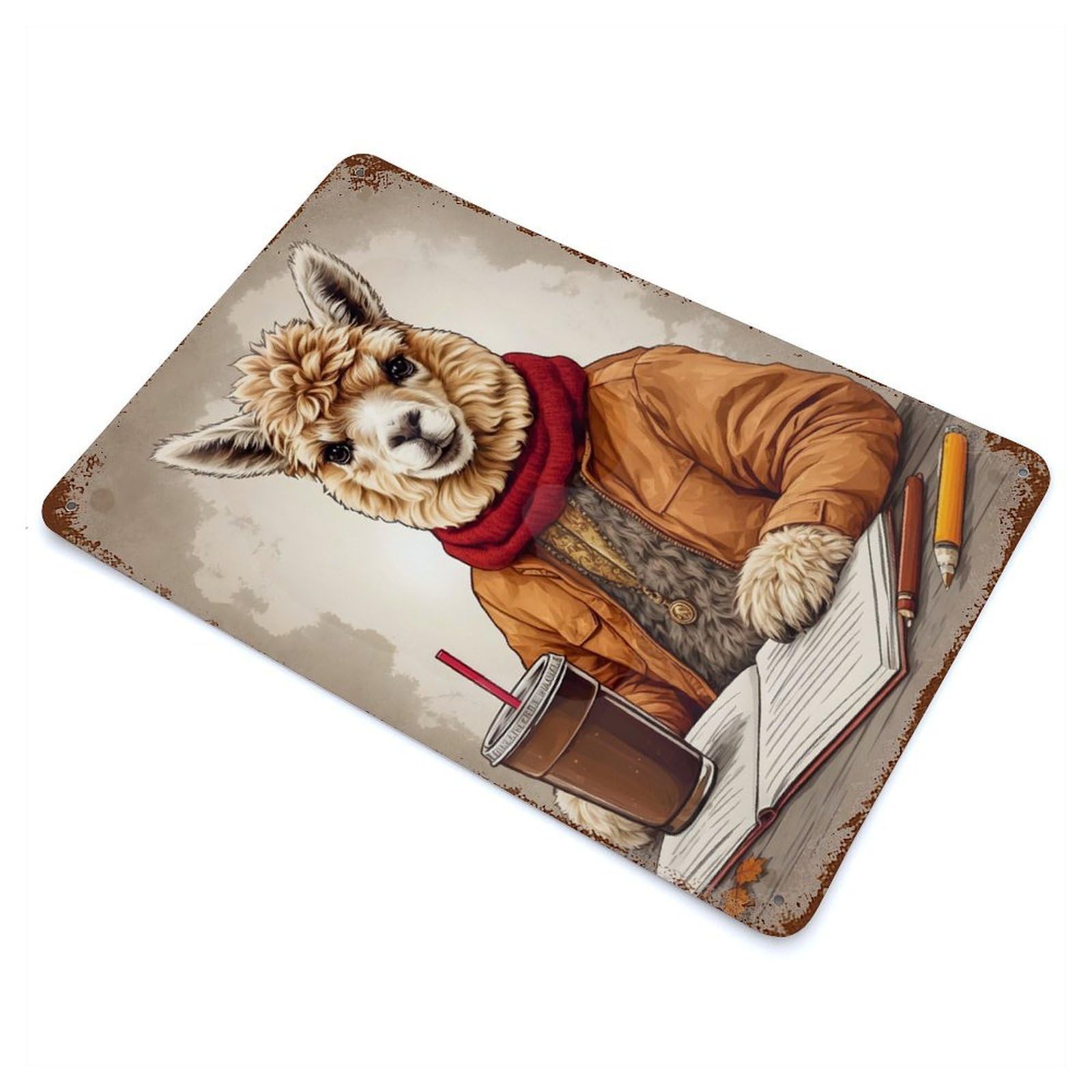 Rust Effect Alpaca Enjoying Coffe Vintage Rust Metal Sign 11.8"x7.9", Farmhouse Wall Decor for Farmhouse, Kitchen And Entryway Decor