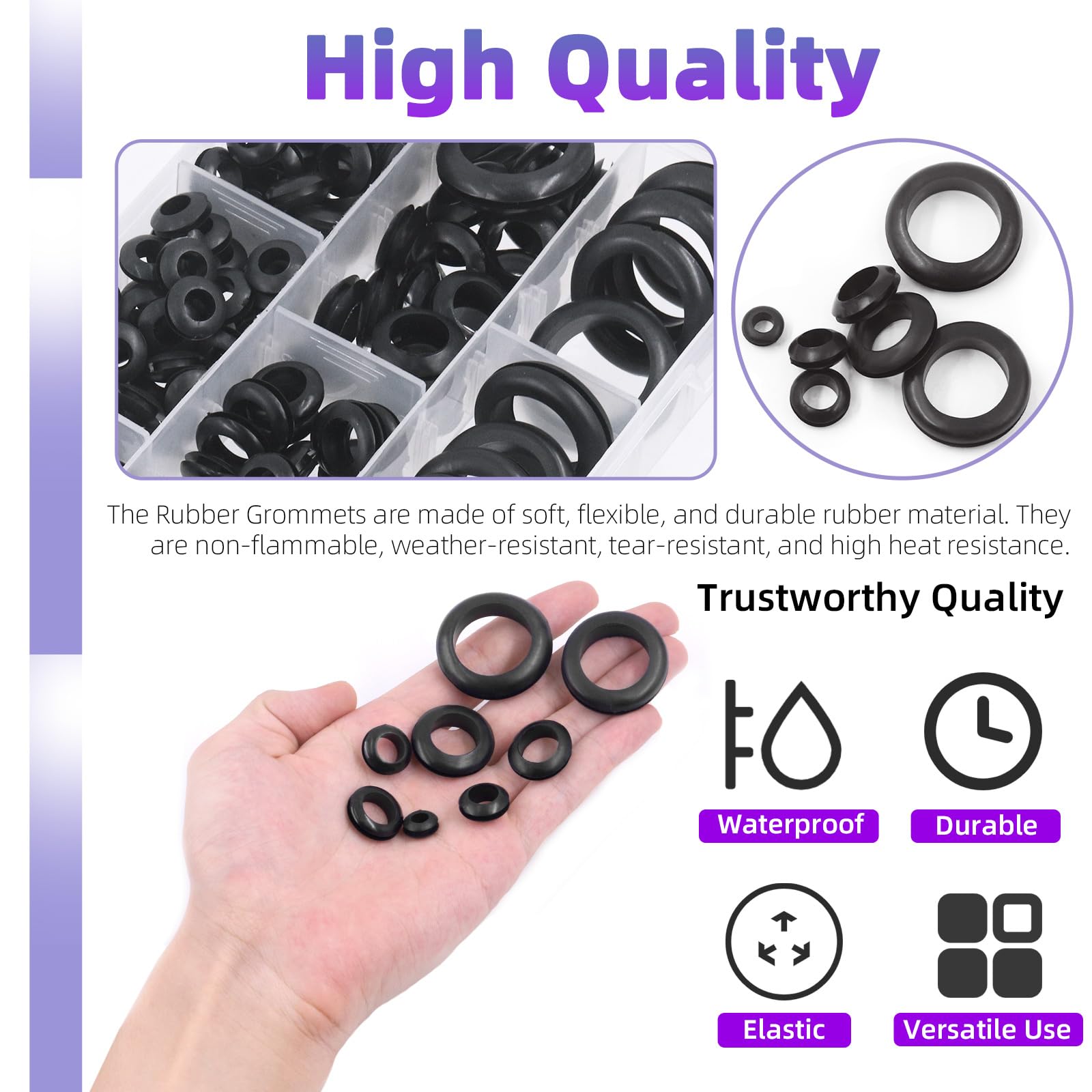 Swpeet 180Pcs 8 Common Sizes Black Rubber Grommet Assortment Kit, Rubber Wire Grommets for Holes Firewall, Cable - Image 3