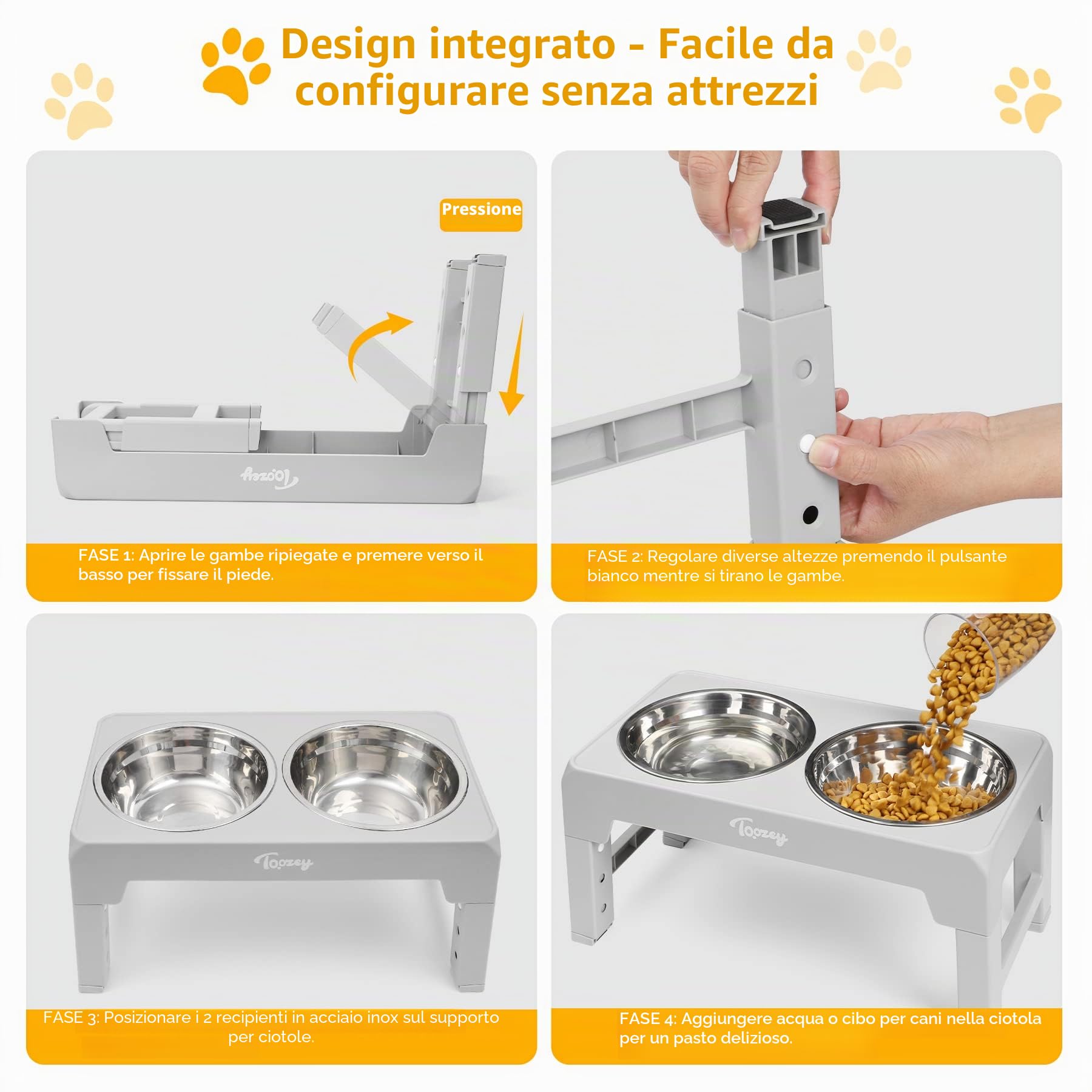 Toozey Ciotola per cani, mangiatoia con 2 ciotole in acciaio inox da 1200 ml, per cani medi e grandi, 4 ciotole regolabili in altezza, grigio