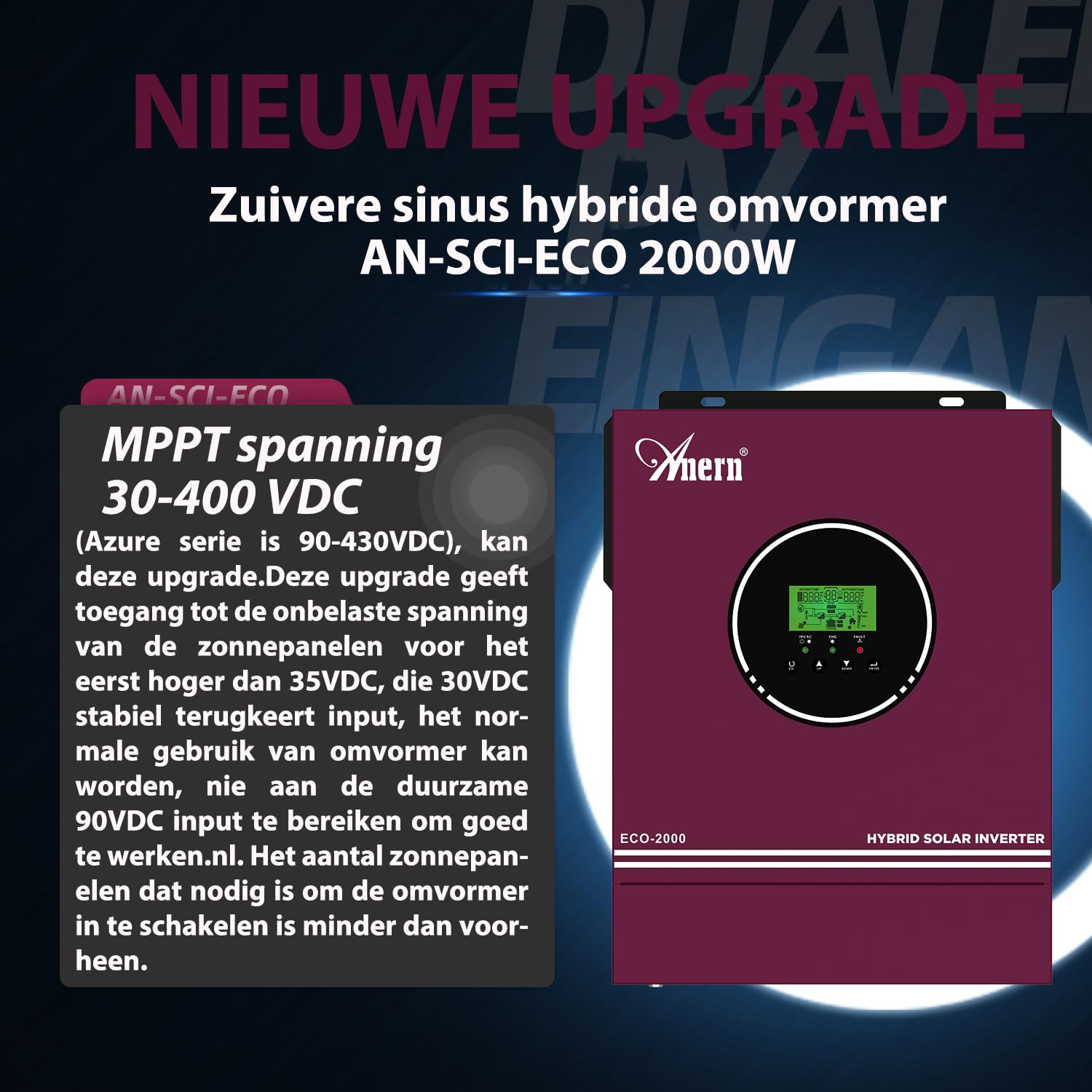 Anern Inverter Solare Ibrido da 2000W 12 VDC a 220V/230VAC con regolatore Solare 80A, Ingresso PV Max.400 V, Funzionamento con batterie al Piombo da 12V e al Litio