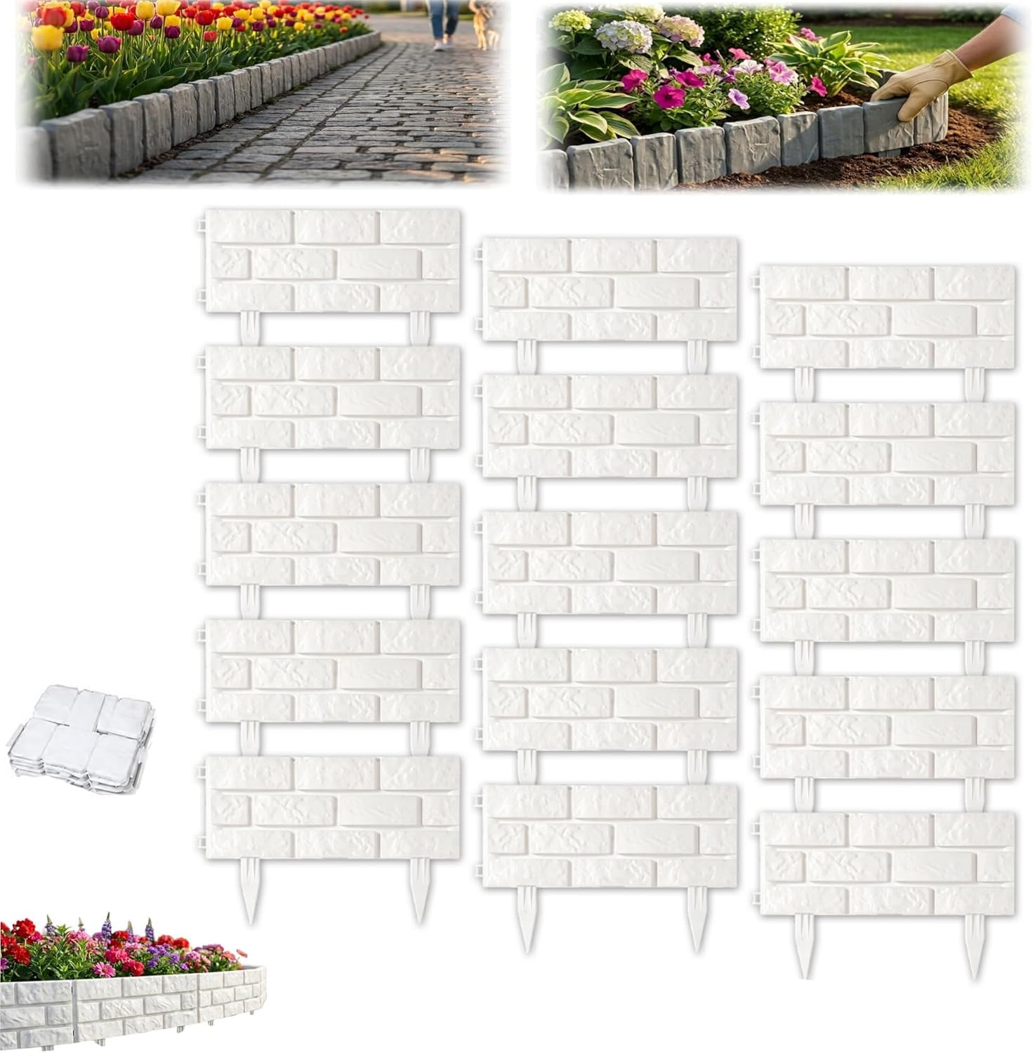 Recinzione di Contenimento per Giardino in Plastica Effetto Pietra - Pannelli per Bordure da Aiuola Effetto Mattone Rimovibili per Un Facile Montaggio E Unelegante White 15PCS