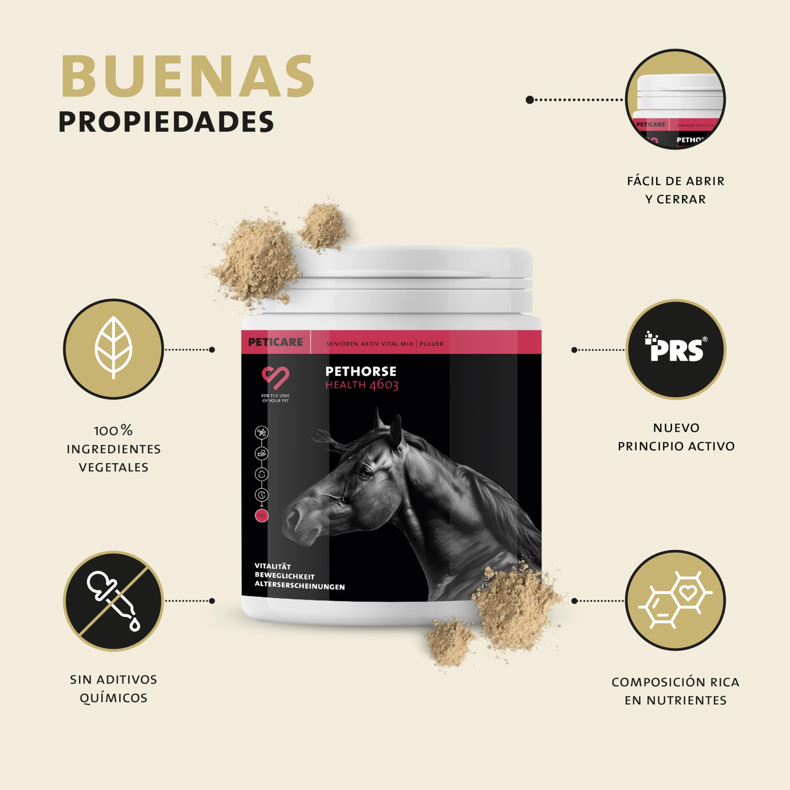 Peticare Senior Polvo para Caballos | Promueve la vitalidad, Movilidad en la vejez | Ingredientes de Origen Vegetal, con L-leucina, MSM | para Caballos Senior y Ponis Mayores | petHorse Health 4603