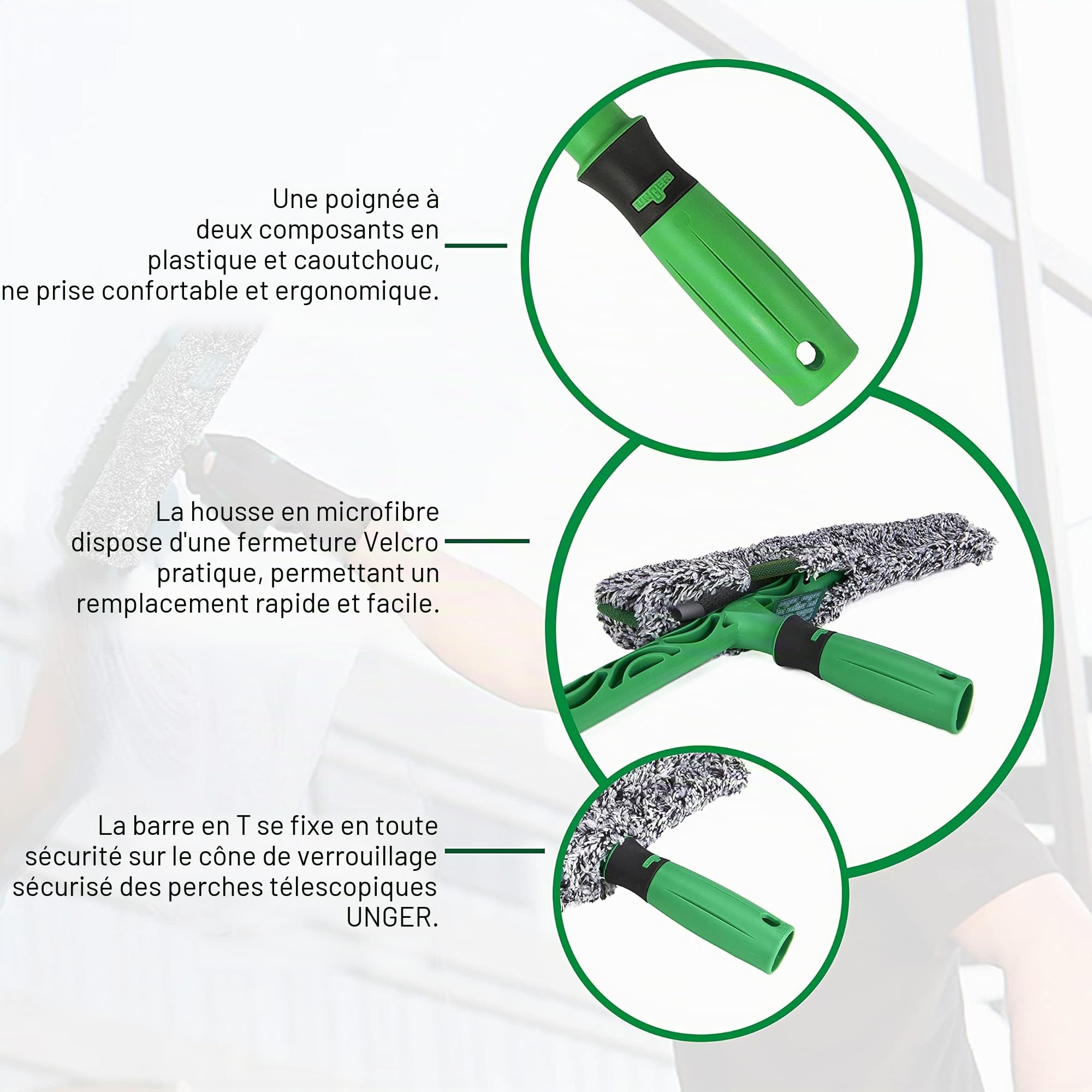 Unger ErgoTec BC350 Lave-Glace Power avec Housse en Microfibre 100% Polyester, Manche bi-composant, Housse avec Fermeture Velcro, pour fenêtres sans Traces Largeur 35 cm