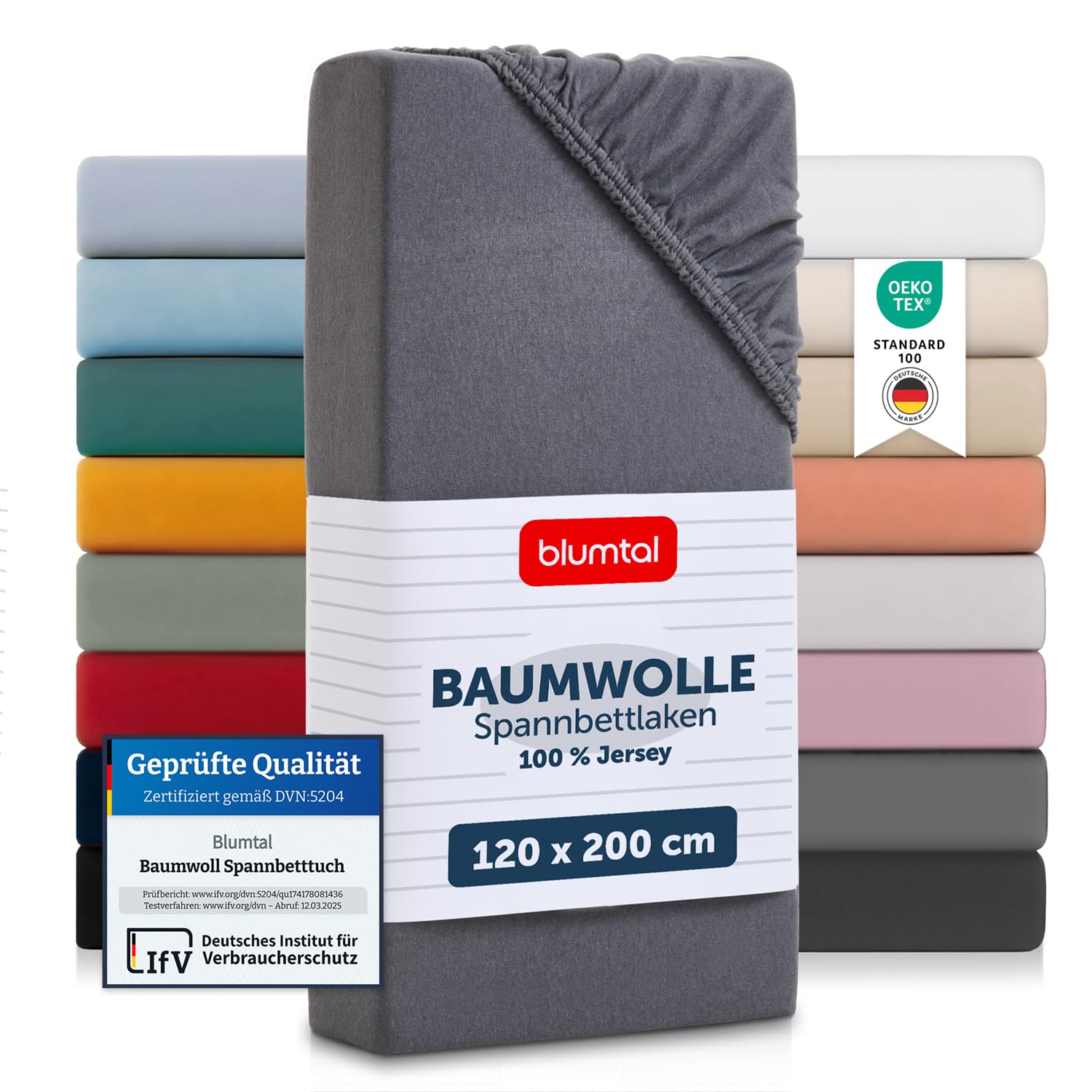 Blumtal® Basics Spannbettlaken 120x200cm Jersey - Baumwolle Oeko-TEX Zertifiziertes Spannbetttuch - Matratzenbezug - Bettbezug - Moonlight Grey - Grau