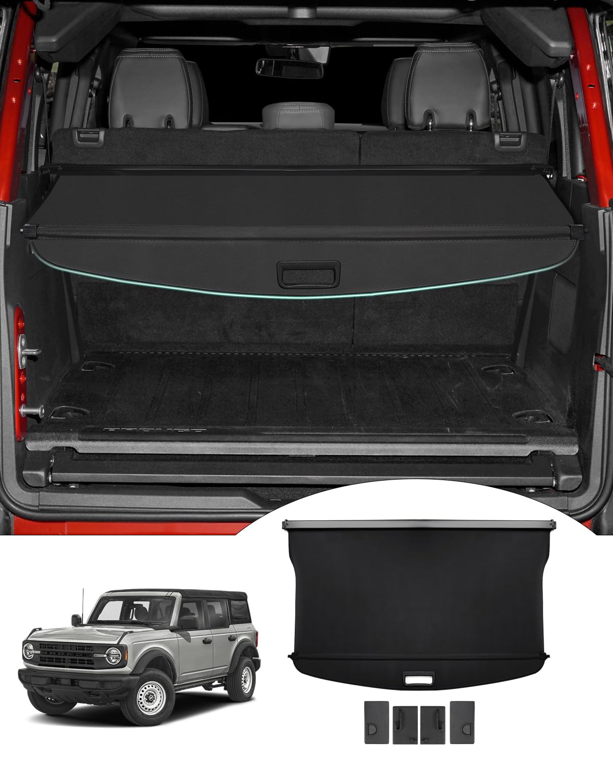 powerty retractable cargo cover for ford bronco accessories 2025 2024 2023 2022 2021 4-door soft hard top, rear trunk cargo cover security shield shade(not for bronco sport & bronco 2-door)
