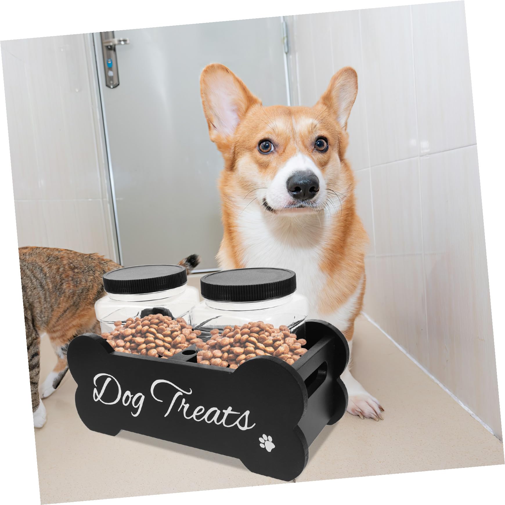 Hohopeti Halter für Hundesnackglas aus Massivem Holz Verschleißfest mit Großem Fassungsvermögen Sicherer Aufbewahrungsbehälter für Tierfutter Elegantes Design für Haushalt und Theke