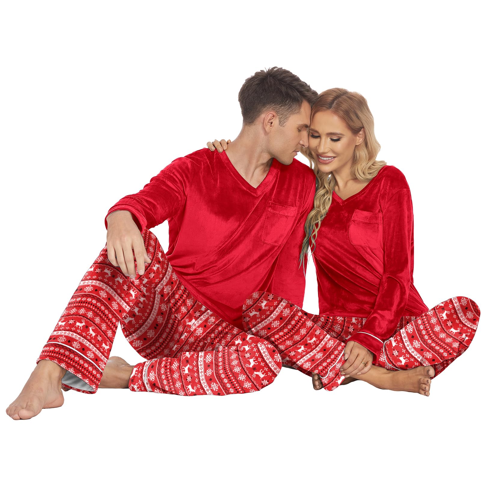 Ekouaer Conjunto de pijama a juego para parejas, conjunto de pijama de terciopelo para hombres y mujeres, ropa de dormir de manga larga de terciopelo, tallas S-XXL, Rojo