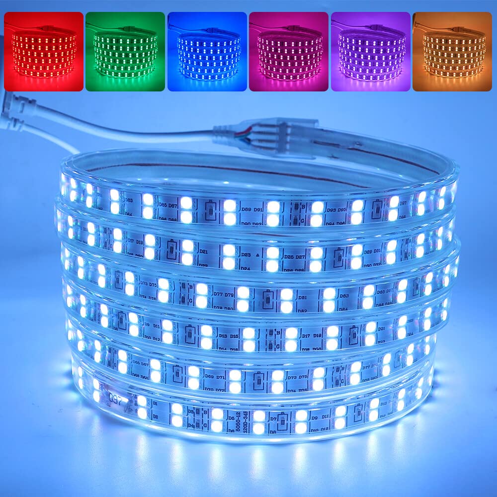 Doppelreihe RGB LED Streifen, 7M 230V SMD5050 120LEDs/m Flexibler Bunt Streifen, Innen Multi-Farbwechsel LED Lichtband mit 24 Tasten Fernbedienung und 750W RGB Regler für Schlafzimmer, Schrank