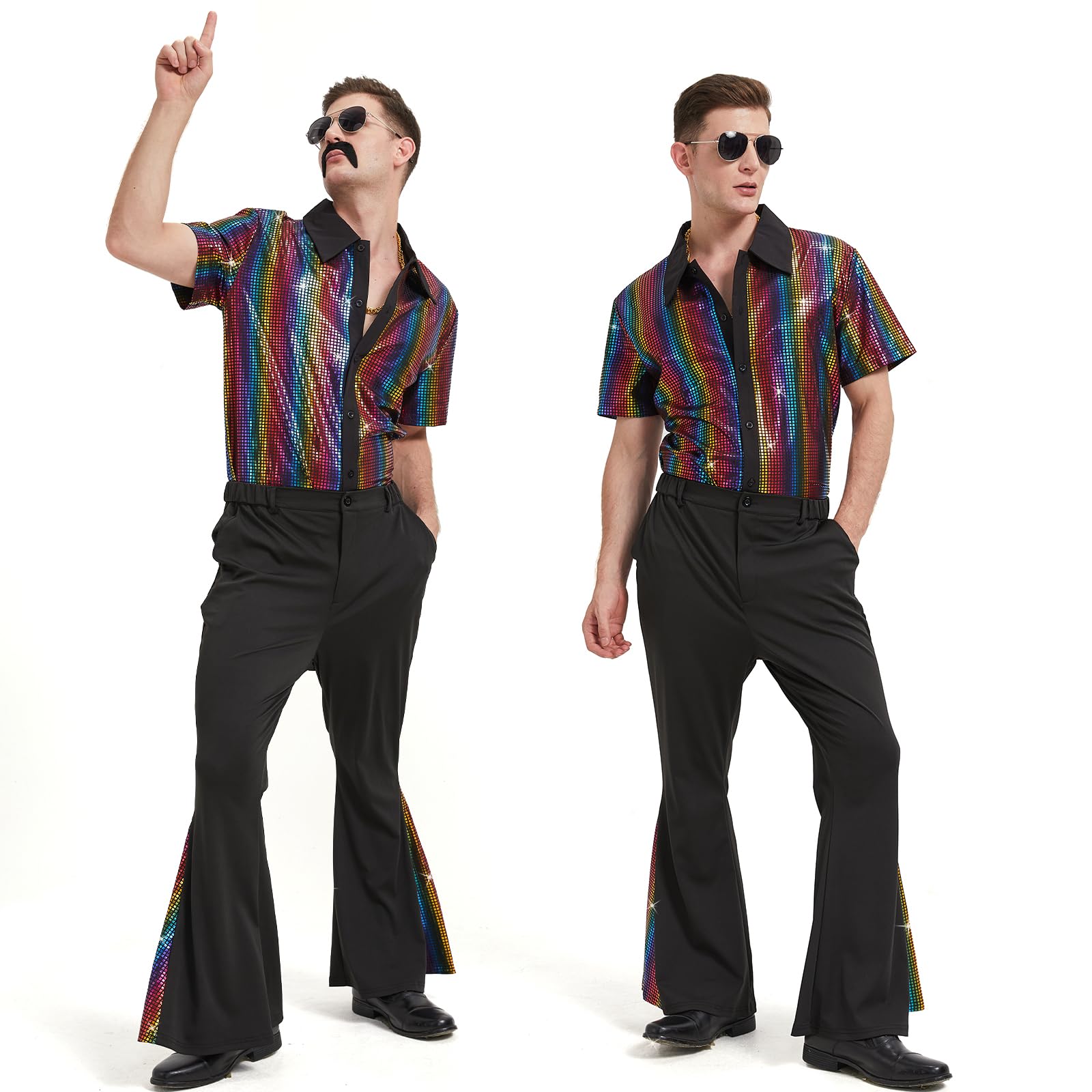 Ezuwail Herren 70er Jahre Disco Outfit Kostüm Kurzarmhemden Schlaghosen Perücken Halskette Schnurrbart Sonnenbrille 6Pcs