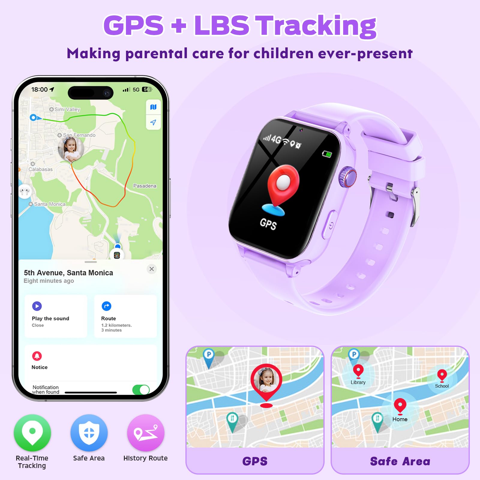 4G Reloj Inteligente Niño, Smartwatch Niños con GPS y Teléfono/Videollamadas/Chat de Voz/WiFi, SOS, Modo Escuela, Despertador, Podómetro Relojes Teléfono Regalos para Infantil 4-12, Lila Claro