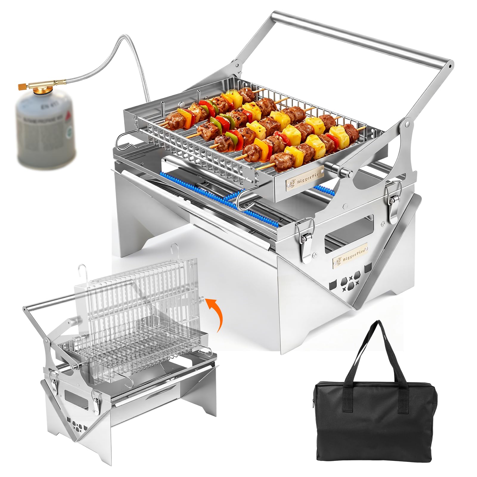 Viugreum Barbacoa de Gas, Parrilla Plegable, Parrilla de Mesa Reversible y Portátil con Bolsa de Almacenamiento- Ideal para Cocinar Al Aire Libre, Jardín, Compatible con Los Dos Modos: Gas y Carbón