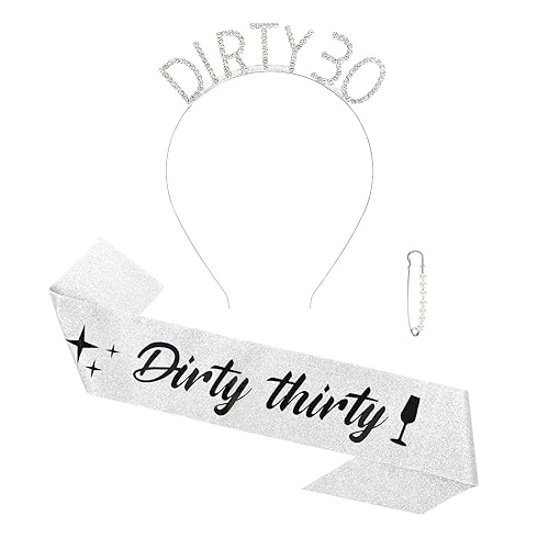 Semato Kit de diadema plateada para cumpleaños número 30 con banda y diamantes de imitación sucios de 30 cumpleaños para ella