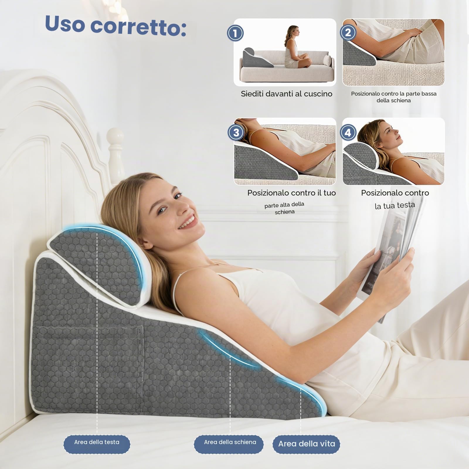 Cuscino da lettura per letto e divano, cuscino curvo a cuneo con memory foam, schienale ergonomico, cuscino reflusso, custodia lavabile, cuscino da reflusso per adulti, 50 x 50 x 30 cm