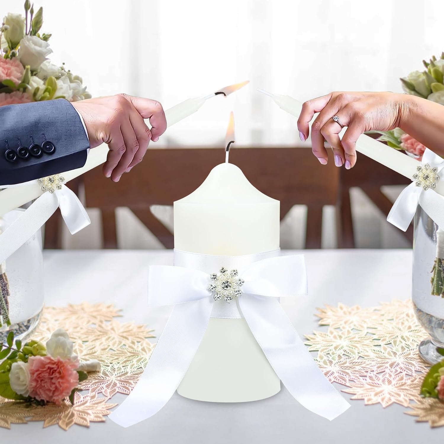 SANDOO Unity Candles for Wedding with Pearl Decor - Unity Candles for Wedding Ceremony Set,Wedding Candles for Ceremony,Religious Catholic Wedding Accessories,1 Pillar Candle(6")& 2 Taper Candles(10")