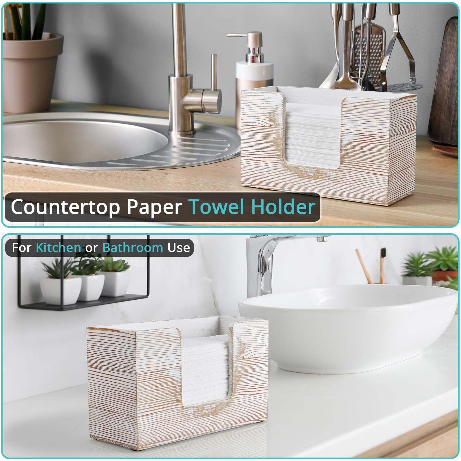 Dispensador de toallas de papel para encimera, soporte de madera para toallas de papel de baño, servilletero blanco rústico para cocina, encimera, plegable, plegable, en Z, dispensador de toallas de