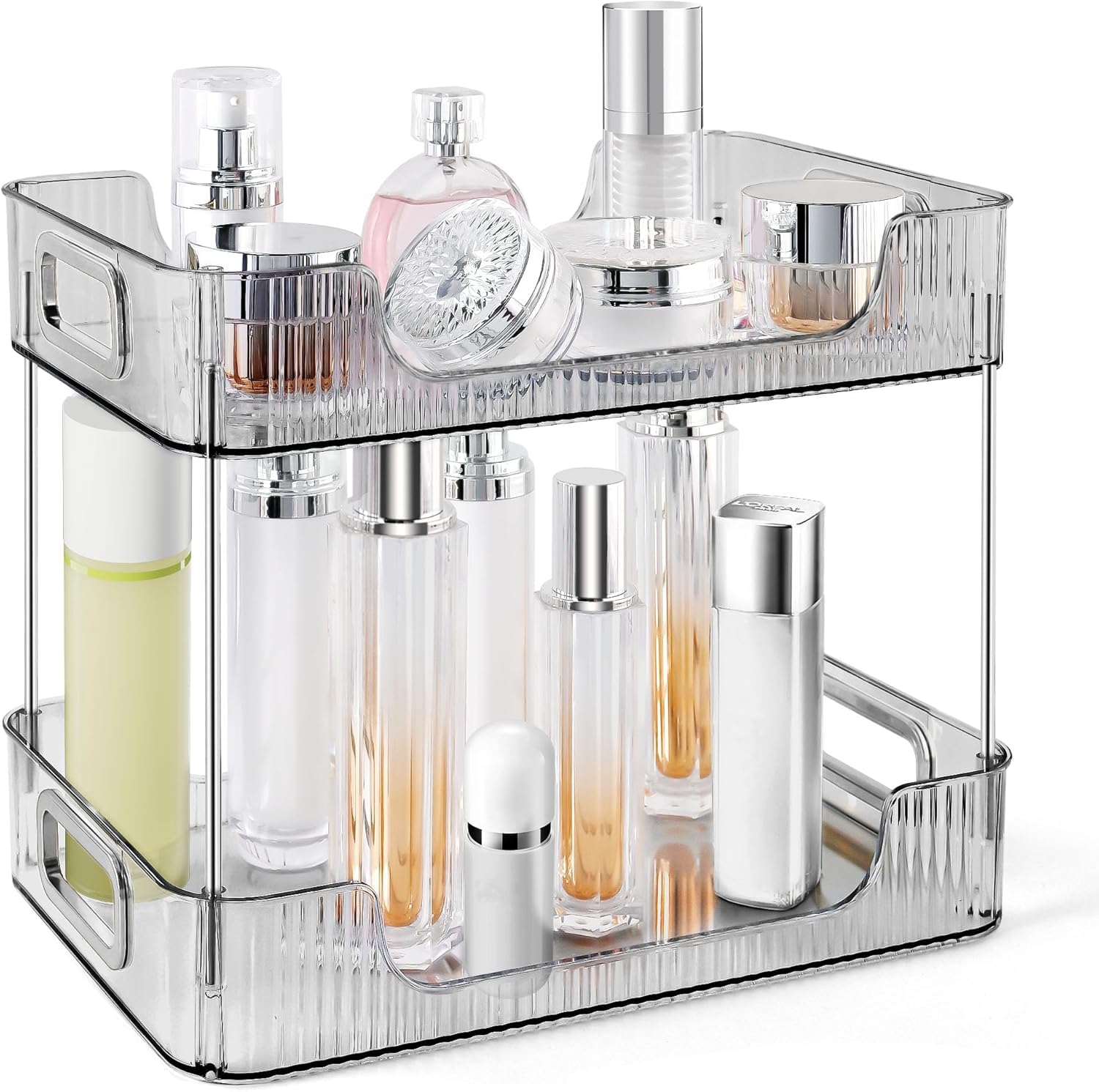 U-HOOME Bathroom Organizer Countertop, Clear Makeup Desk Organzier for Dressing Table, Bathroom Vanity Countertop, 2-Tier Vanity Tray Shelf for Cosmetic, Lotions, Perfume and Toiletries (Grey)