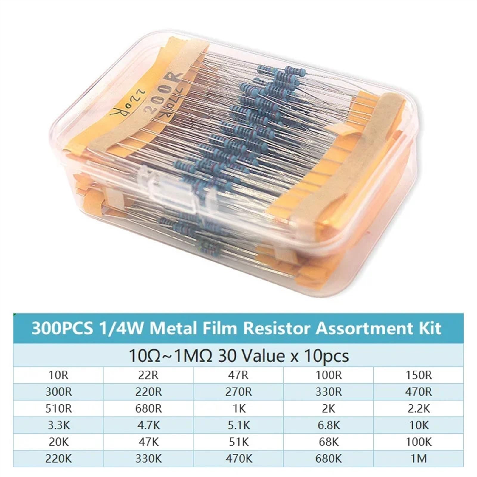 300/600 pièces 1/4W boîte de résistance à Film métallique Kit de résistances de puissance: 30 valeurs 10Ohm ~ 1M résistance 1% ensemble de résistances électroniques à monter soi-même(300PCS Kit with B