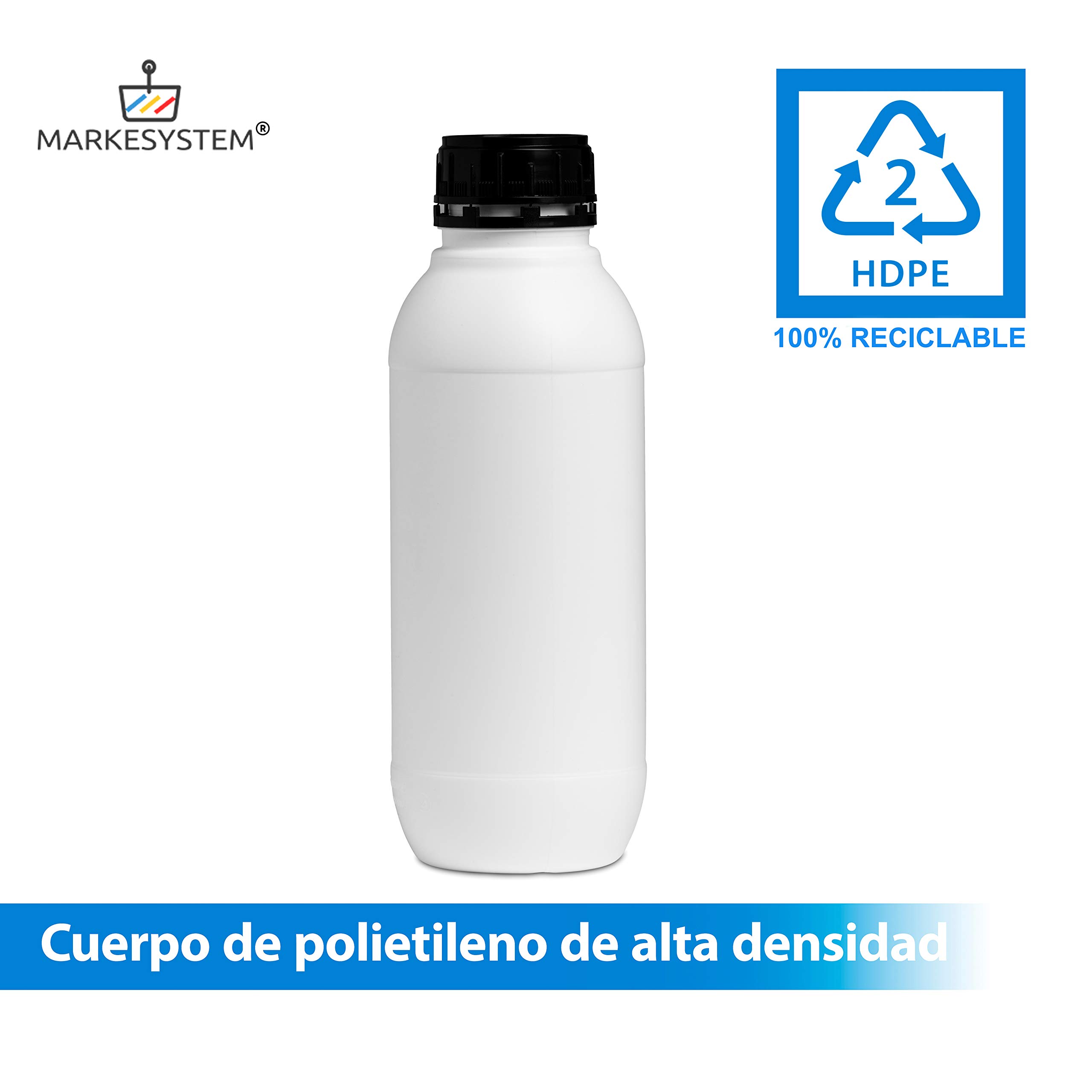 Botella blanca 1 Litro (20 Botellas) de plástico, cierre rosca boca ancha - Catering Industrial, Líquidos, Cosmética, Químicos, ADR + Kit Etiquetado, Apta para uso alimentario