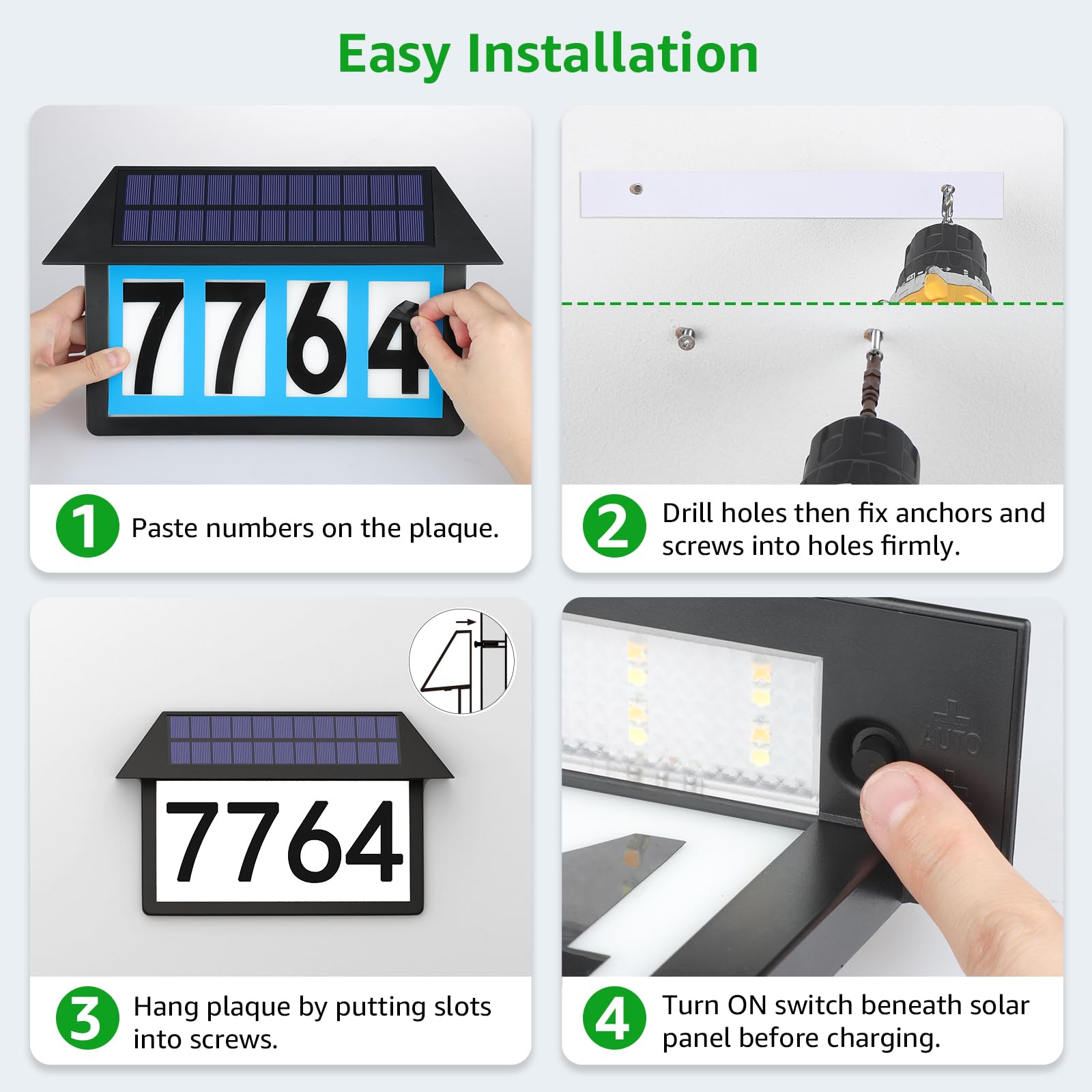 ASOMST Solar-Adressschild, beleuchtete Hausnummern, wasserdicht, 3 Farb-Beleuchtungsmodi, LED-beleuchtetes Adressschild, Wandmontage, Adressnummer, 2 Stück