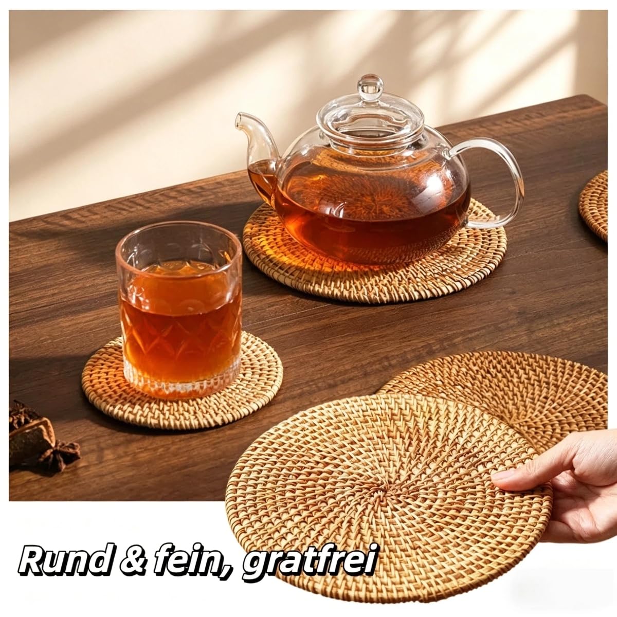 Runde Rattanuntersetzer handgeflochten | 6er Set (13–25 cm, 6 Größen) | hitzebeständig & rutschfest | waschbar & pflegeleicht | Topfuntersetzer Tassenuntersetzer für Küche Esstisch (Ø25cm,6)