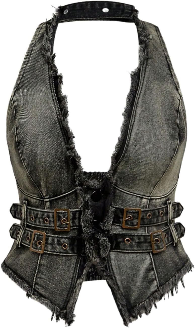WDIRARA Women's Plus Size Frayed Denim Halter Top Buckle Backless Punk Hippie Jean Crop Top