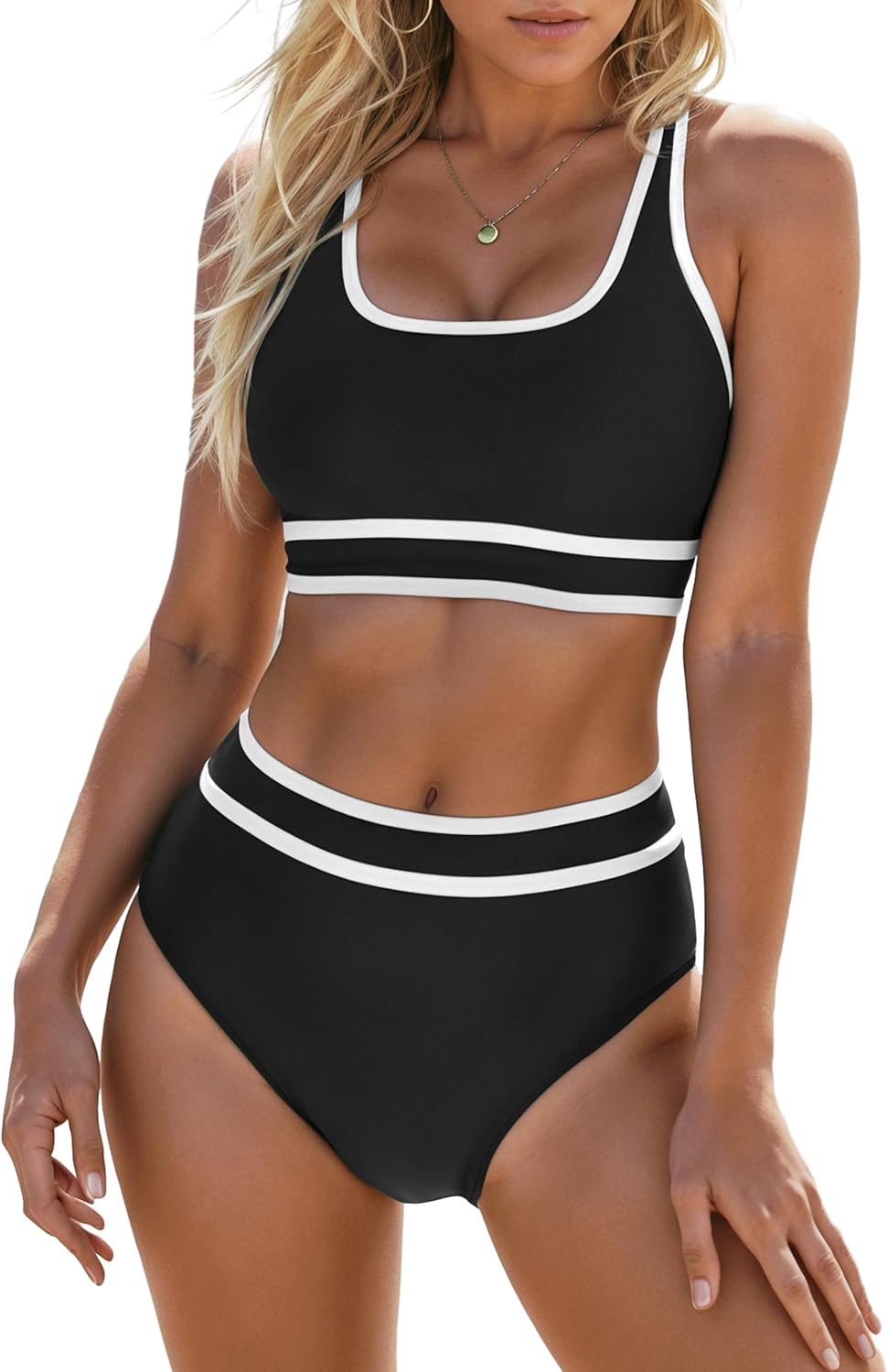 Blooming Jelly Womens High Waist Bikini Sets Sporty Color Block Two Piece Swimsuits Scoop Neck Cheeky Bathing Suits