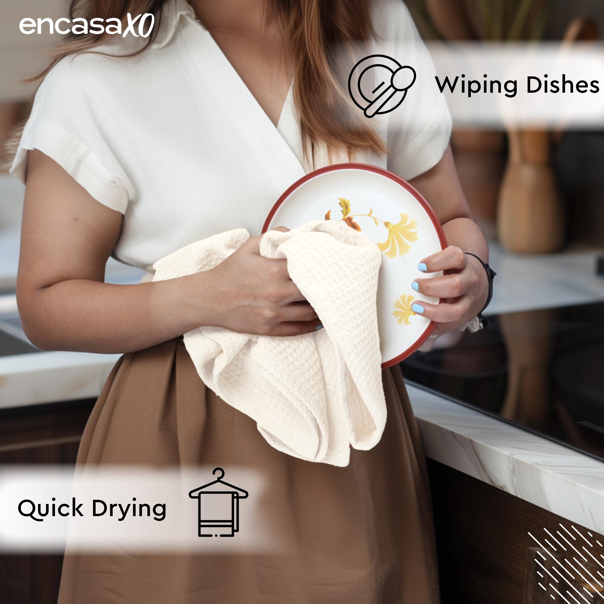 Encasa XO Kitchen Towels, Waffle Weave Cotton Tea Dishcloths White 2