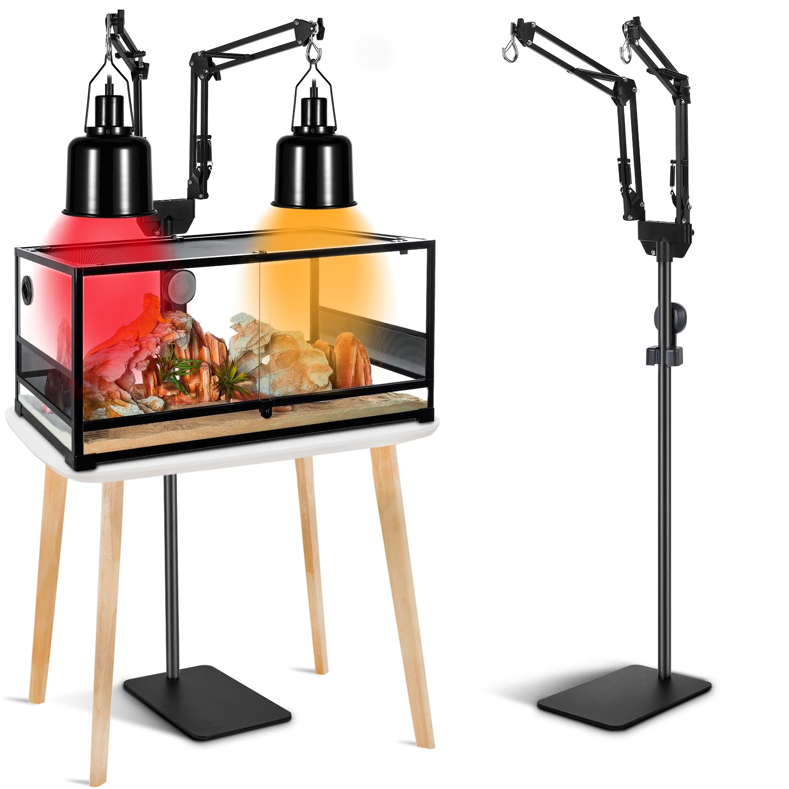 juttilax Dual Reptile Heat Lamp Stand, Adjustable Reptile Light Stand (15.7-74.3inch) with 360° Swing Arm and Anti-tip Clip, Lamp Holder for Terrarium