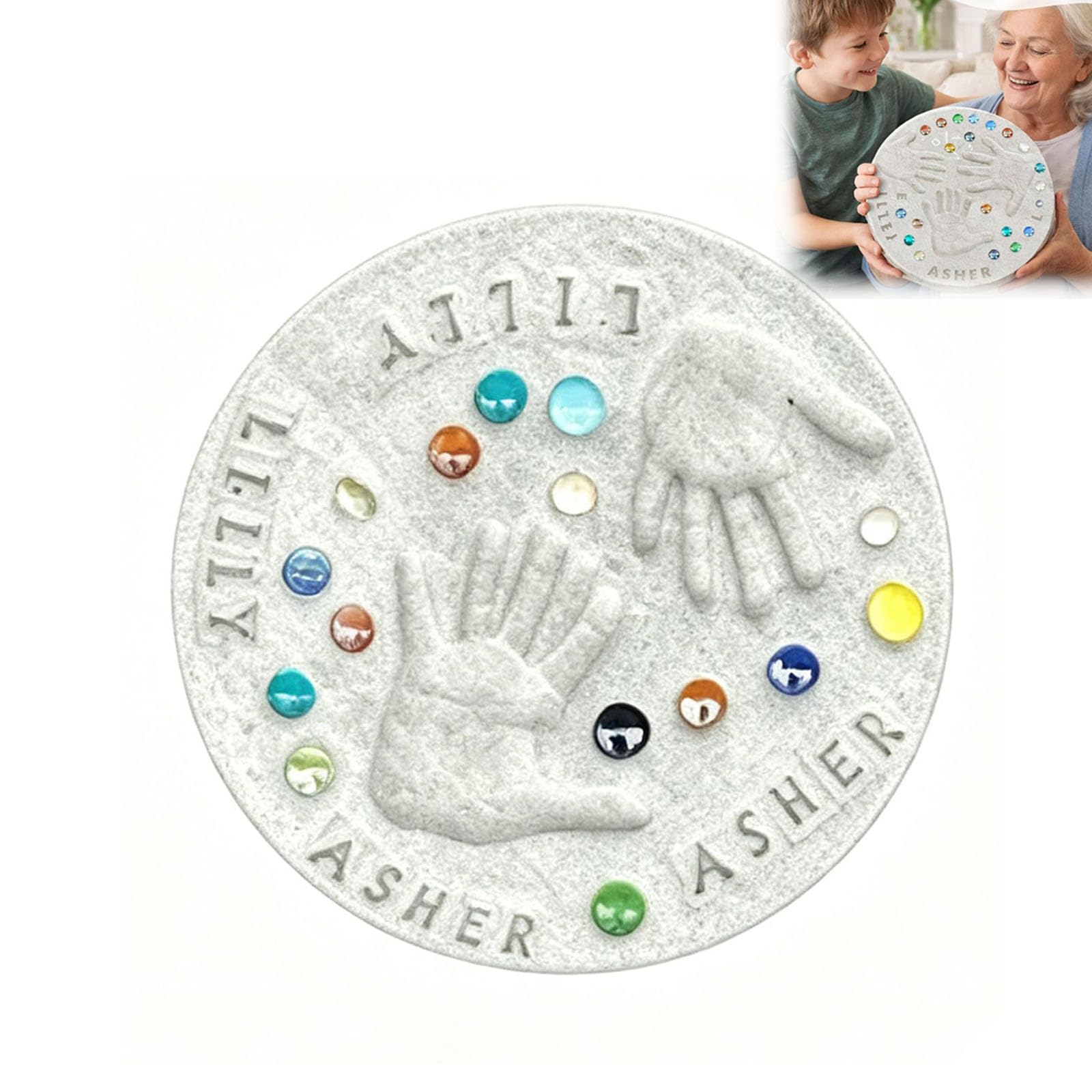 Mother's Day Diy Handprint Gift Kit, Diy Handprint Footprint Stepping Stone Kit, Personalized Family Keepsake Art Gift (Includes 1 Mod,26 Letter Stamps,Colored Stones), for Mom, Grandma (12in)