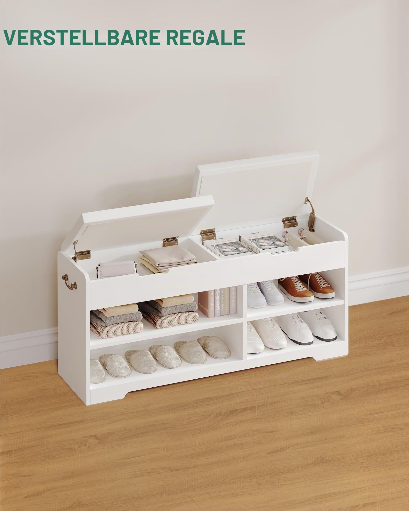 Hzuaneri Schuhbank, Schuhregal mit 2 gepolsterten Regalbänken, multifunktional, für Wohnzimmer, Flur, Schlafzimmer, 150 kg, 30 x 105 x 48 cm, weiß SB11403X