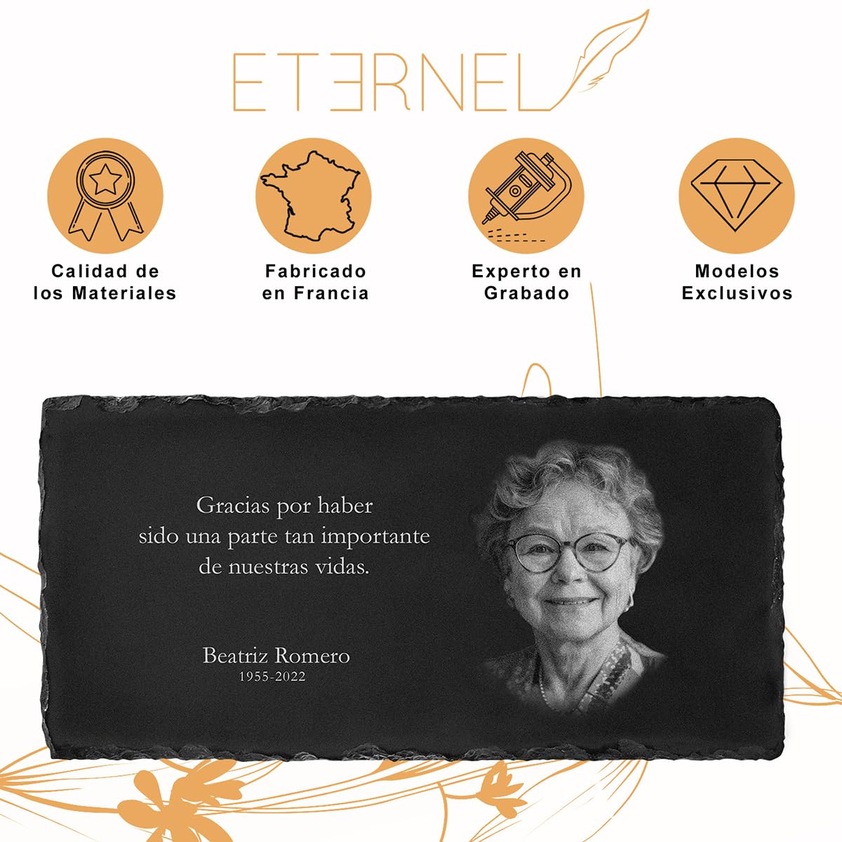 Eternel - Placa funeraria Personalizada Multisoportes, para Plantar o Pegar, Pizarra o Granito, para Colocar, Foto y Texto a elección, Placa Cementerio, mortuoria, Sepultura, difunto, Homenaje
