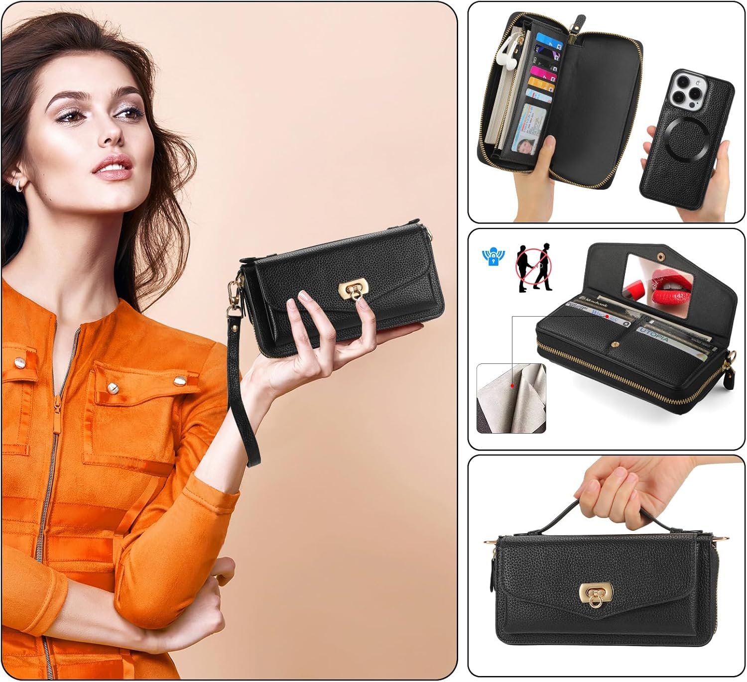 Crossbody Wallet Case for iPhone 15 Pro Max, Magnetic Detachable PU Leather Phone Case with RFID Blocking Card Holder Wristlet Mirror Flip Zipper Shoulder Purse Bag for Women, Black B - Image 3
