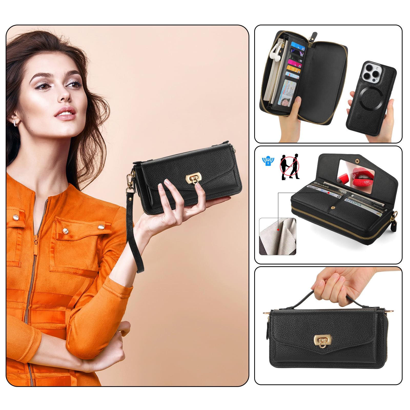 Crossbody-Handyhülle Für IPhone 15 Pro Max – Mit RFID-Schutz, Kartenfächern & Riemen, Aus PU-Leder