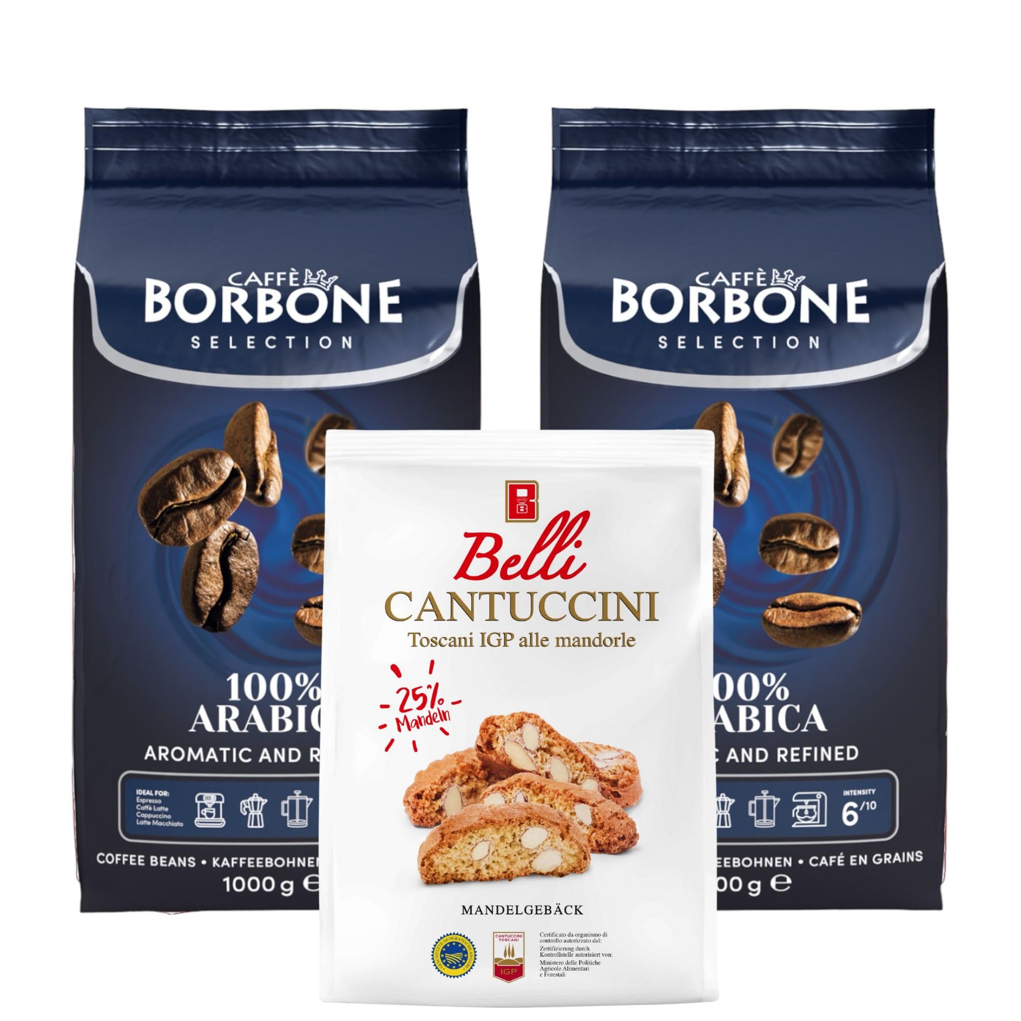 Caffè Borbone Kaffee Bohnen Set 2Kg 100% Arabica Selection + Belli Cantuccini Mandelgebäck 250g | Ganze Kaffeebohnen mittlere Röstung