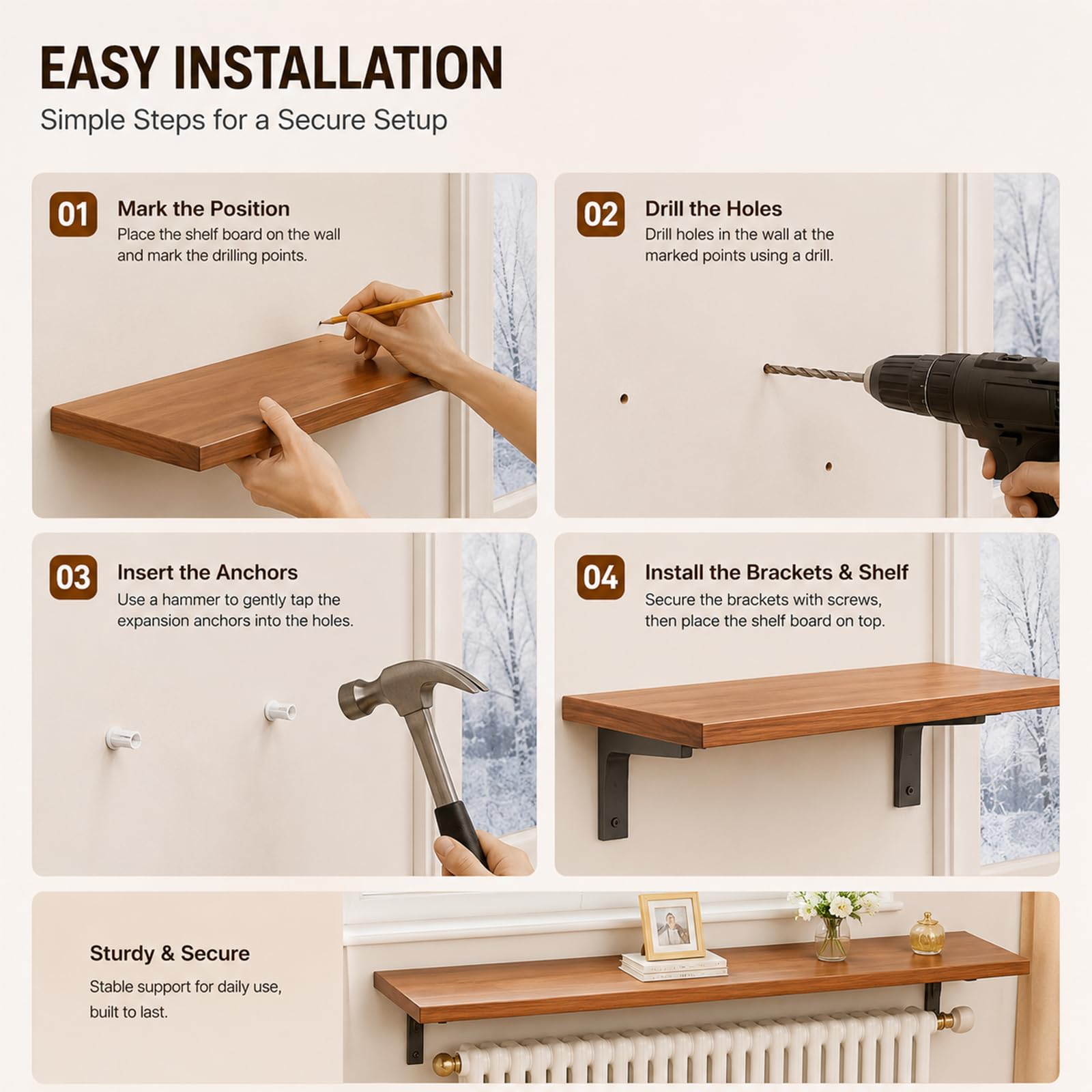 Heizkörperablage Holz Walnuss Schweberegal Heizkörperverkleidung Klein Heizung Regale Wandregal Breit Schwerlast 80kg Organizer mit Schwarzen Halterungen 60cm