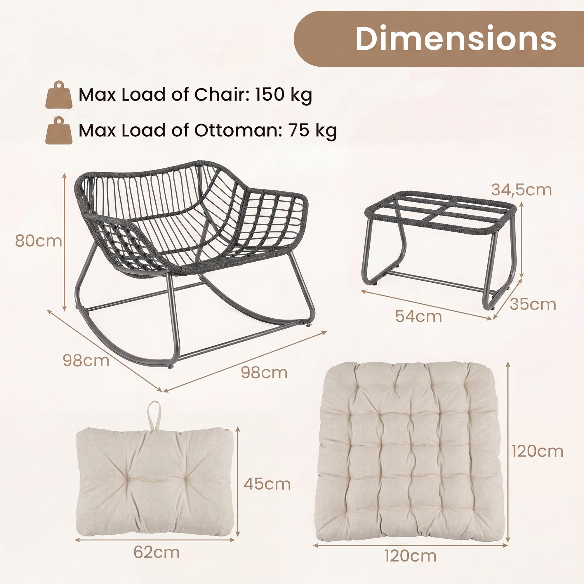 GIANTEX Sedia a Dondolo con Poggiapiedi, Poltrona a Dondolo Ergonomico, Cuscino Morbido e Rimovibile, Sedia a Forma di Uovo con Struttura in Metallo, per Esterno e Interno, Portata 150 kg (Beige)