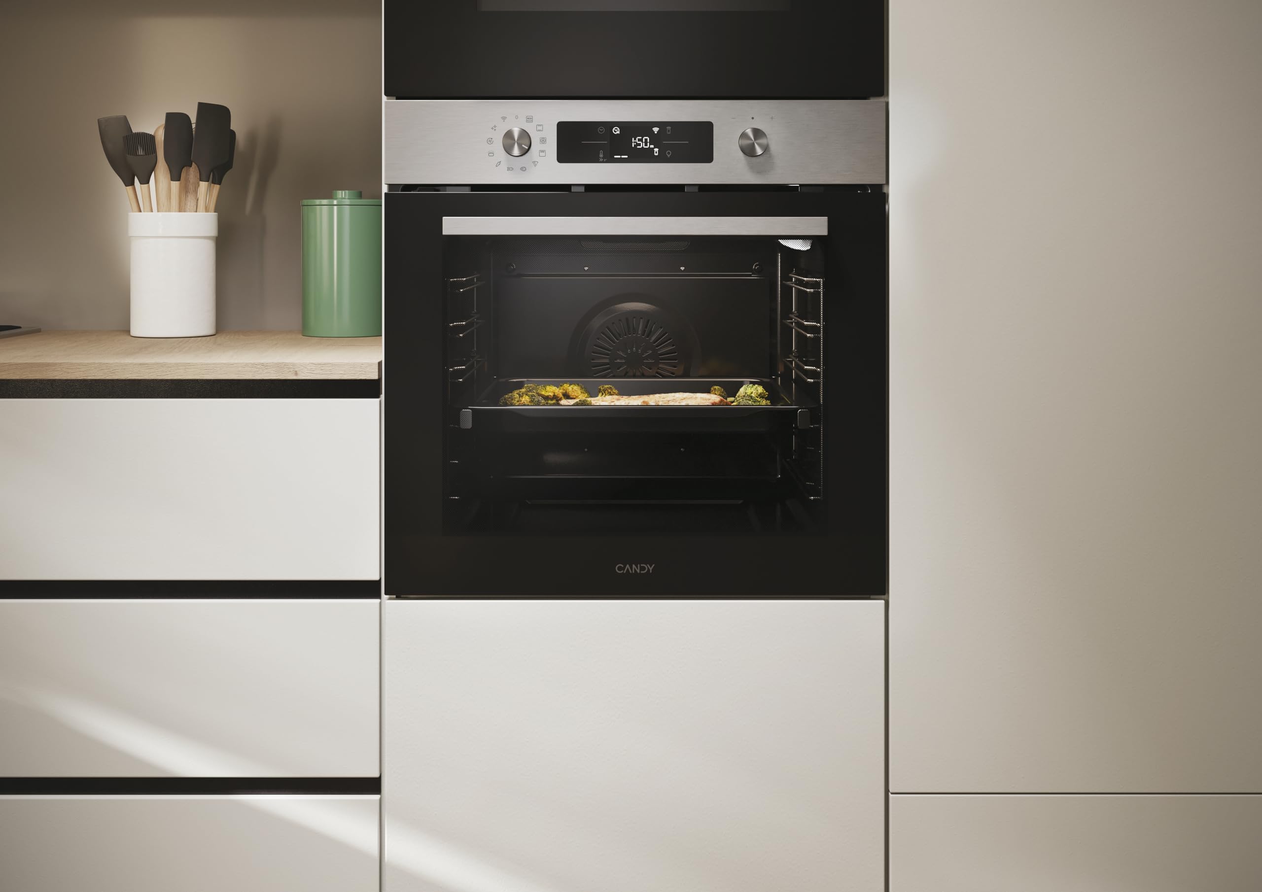 Candy C-Bake 600 CA6 NP5B3YTX, Horno Multifunción, Pirolítico-Hidrolitico, 78L, WIFI, 3300W, 2 Bandejas+1 Rejilla, Convección+Ventilador, 12 Funciones, Mandos Push&Pull, Puerta 4 Cristales, Negro-Inox