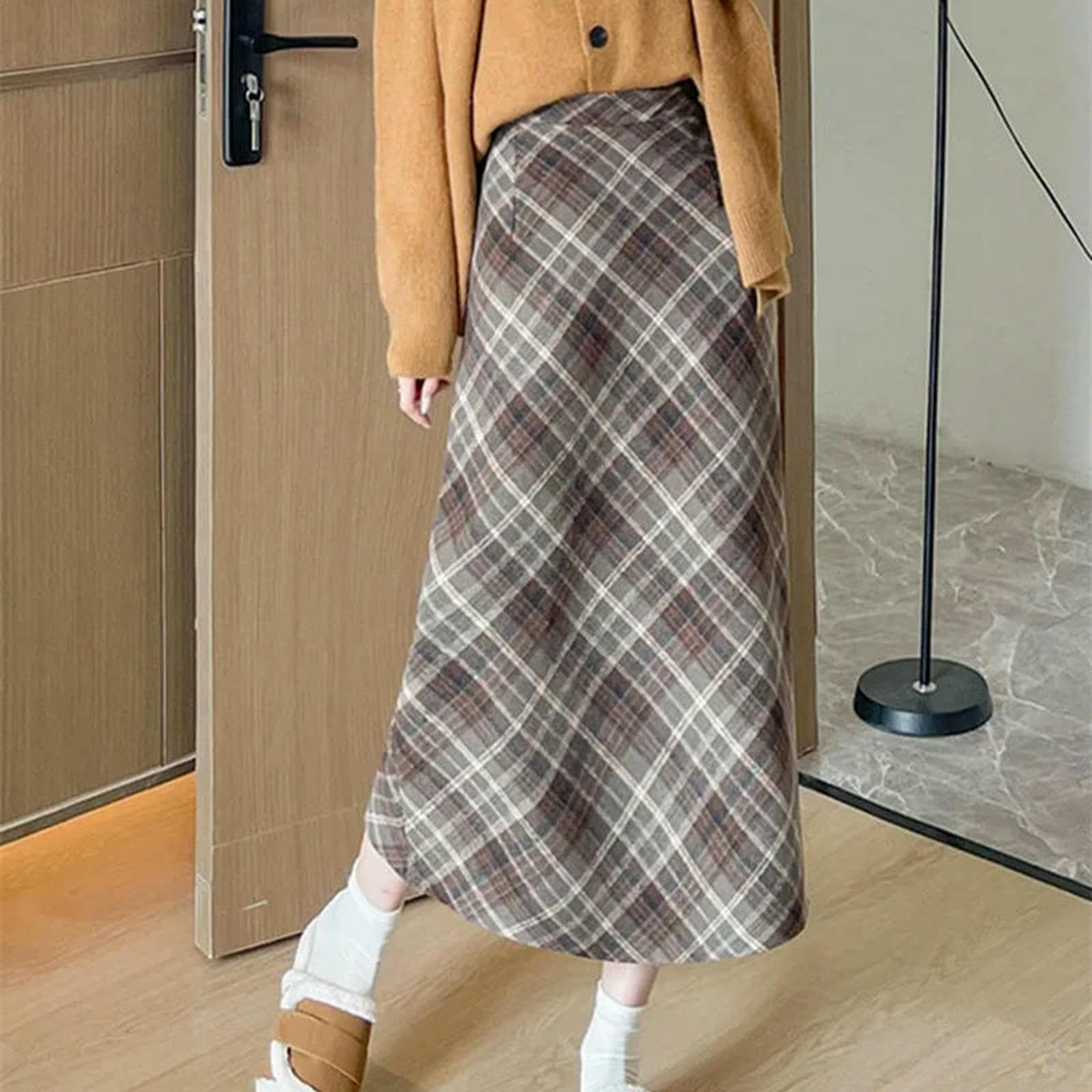 Gonna Lunga Gonne Scozzesi Vintage Donna Autunno Inverno Divisa A Vita Alta Trapezio Contrasto Streetwear Femminile-Kaki Normale-XL